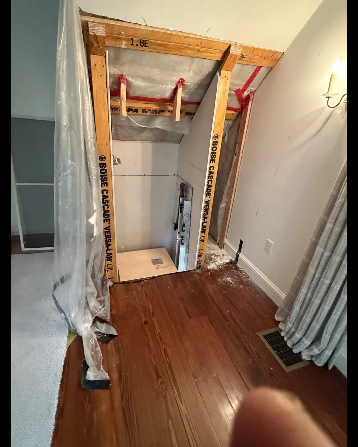 Service lift project!  Our client, who travels a lot, is tired of lugging her luggage up to her bedroom. Soon she&rsquo;ll be able to send it straight up from he garage!