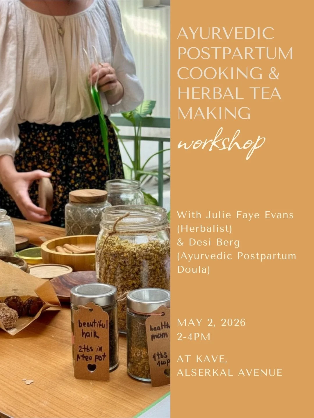 This Saturday, we come together at Kave in Alserkal Avenue for a hands-on postpartum cooking and herbal workshop🌺🍯🫚

Together, we&rsquo;ll be cooking nourishing ayurvedic meals and preparing deeply comforting postpartum sweets. After cooking, Juli