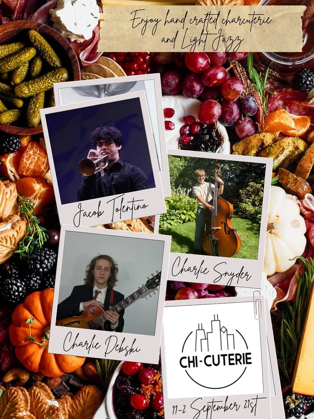 Join us for our first JAZZ  EVENT Sunday, September 21 from 11am - 2pm! Enjoy our fabulous patio and gardens while noshing on local charcuterie and sipping mimosa or bloody marys (or select from our full cocktail menu). The Charlie Snyder Trio will b