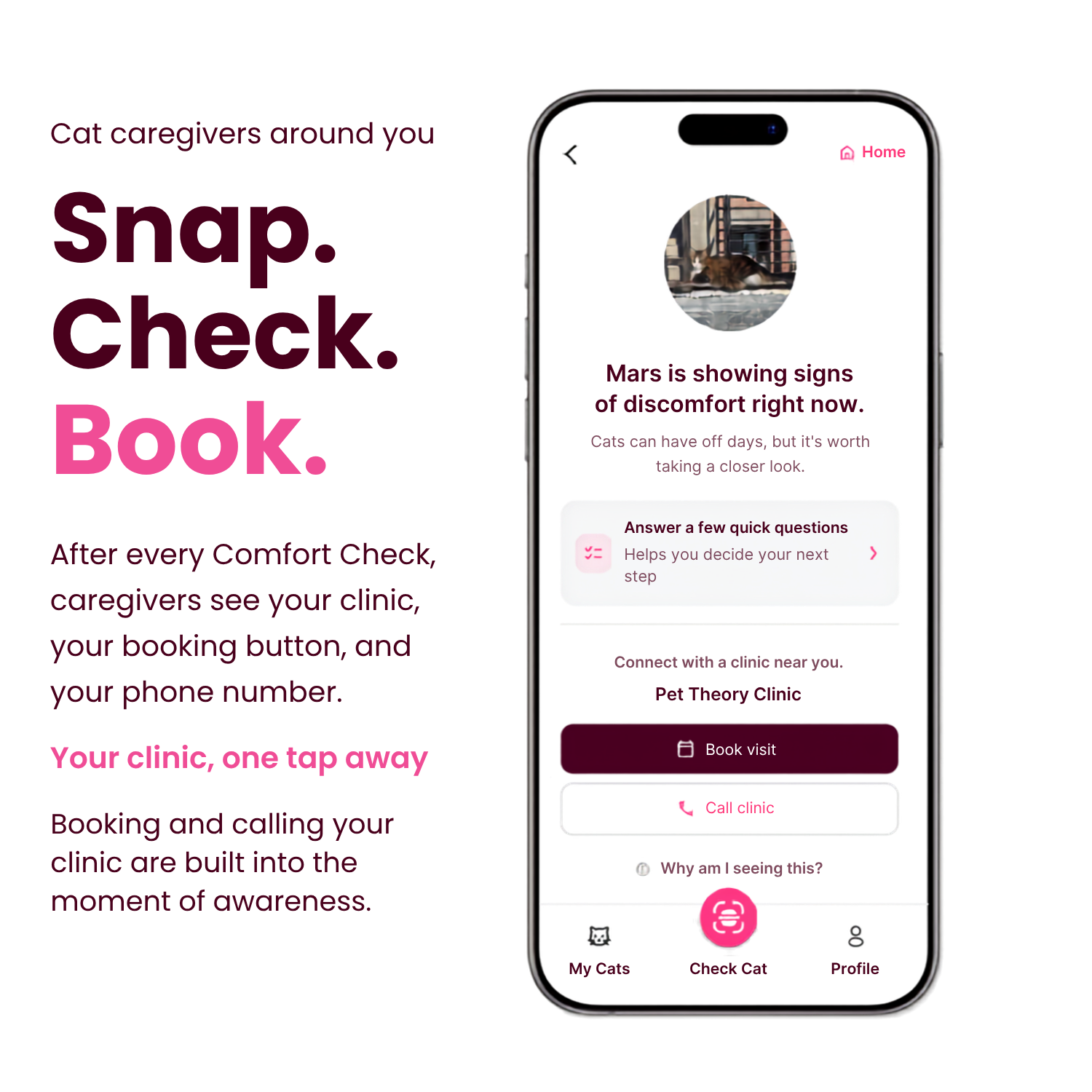 The Sylvester Comfort Check app showing a cat caregiver how to book or call their connected veterinary clinic after a Comfort Check