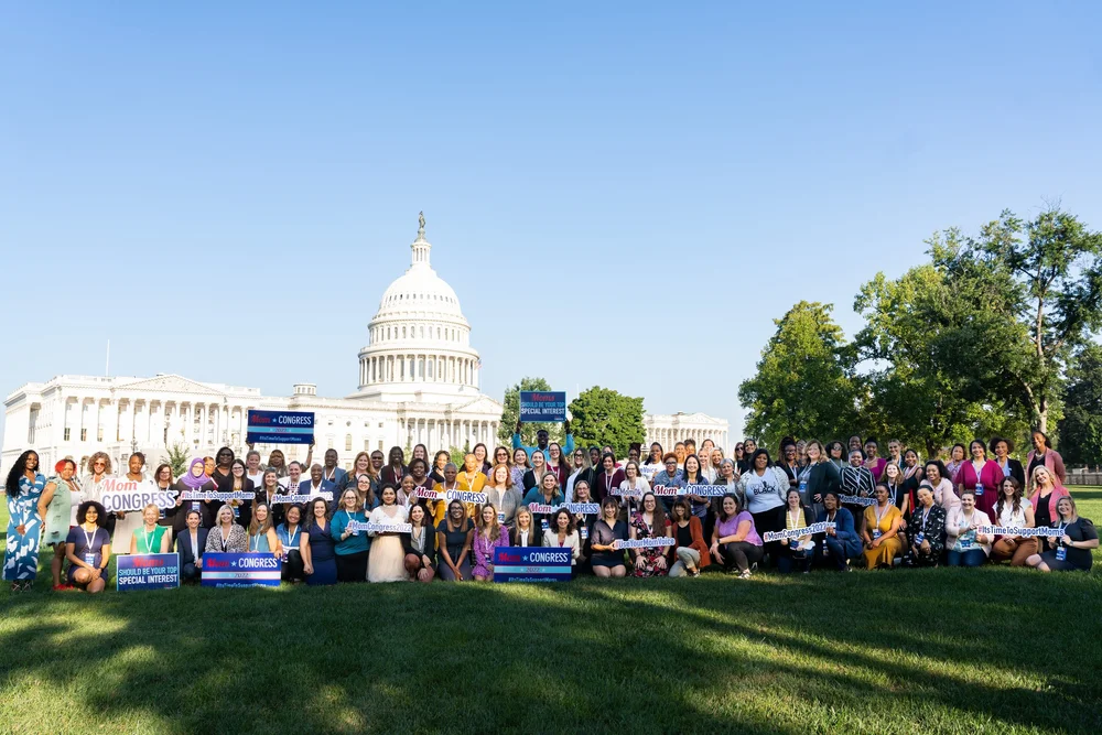 Large Mom Congress group gathered on the lawn in front of the United States Capitol