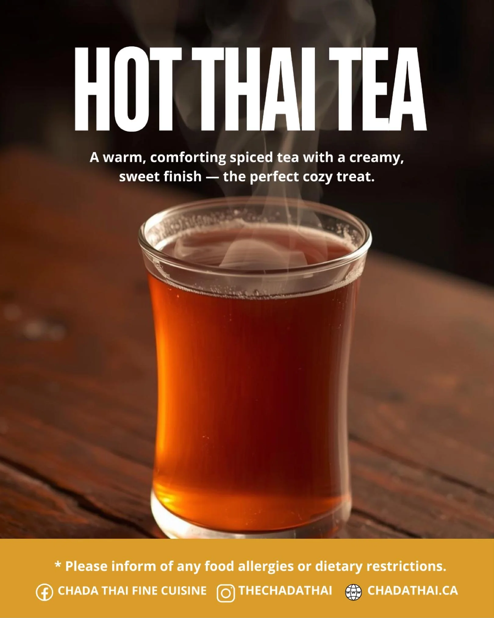 ☕️❄️ Cooler days are here &mdash; the perfect time to enjoy our Hot Thai Tea! Smooth, creamy, and full of flavour, it&rsquo;s a classic you&rsquo;ll want to sip all season long. Stop by Chada Thai Restaurant and treat yourself today. 

📍 Pinetree Vi