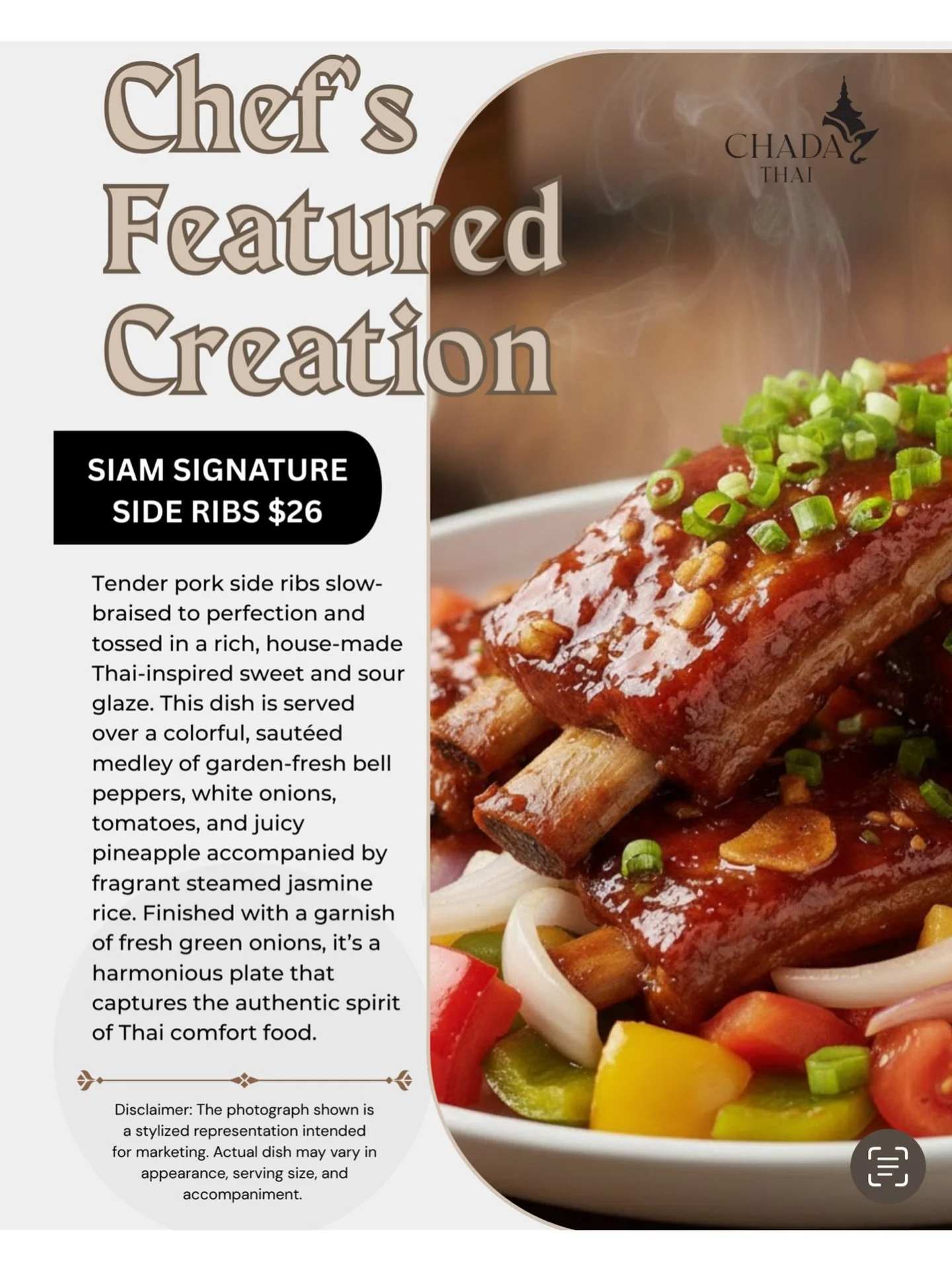 🔥 Chef&rsquo;s Featured Creation 🔥 Meet our Siam Signature Side Ribs ($26) &mdash; slow-braised, fall-off-the-bone tender pork ribs tossed in a rich, house-made Thai-inspired sweet &amp; sour glaze.

Served over a vibrant medley of saut&eacute;ed b