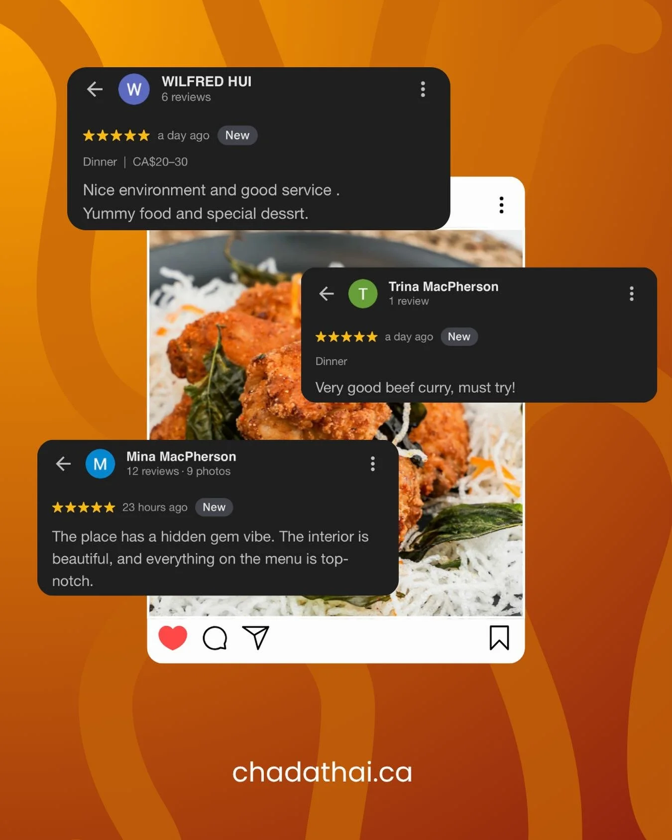 We love serving our amazing community. 💛 If you&rsquo;ve enjoyed your experience at Chada Thai, we&rsquo;d be so grateful if you could take a moment to leave us a review. Your feedback helps our business grow, reach more people, and continue doing w
