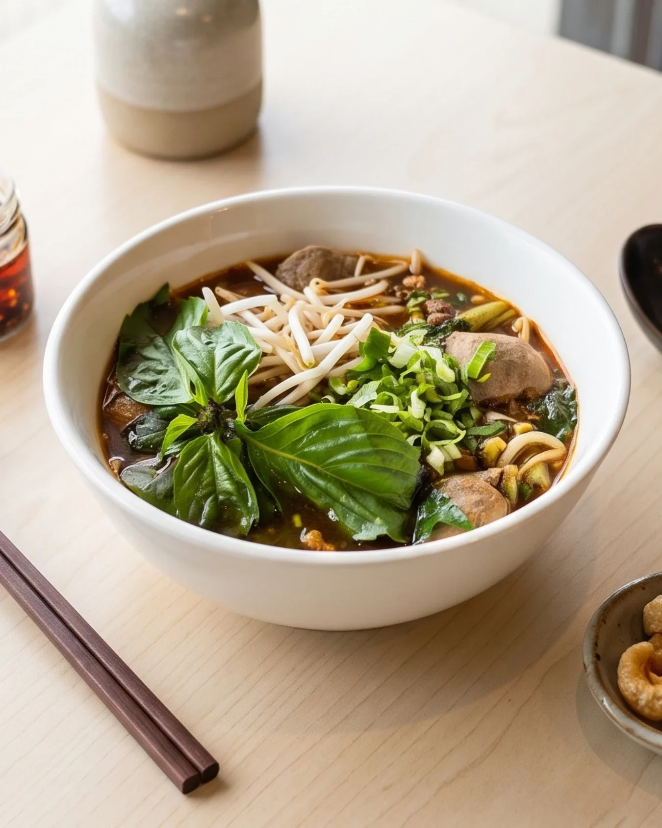 Traditional Thai beef boat noodles with meatballs, rich herbal broth, and fresh basil herbs at Chada Thai Coquitlam.