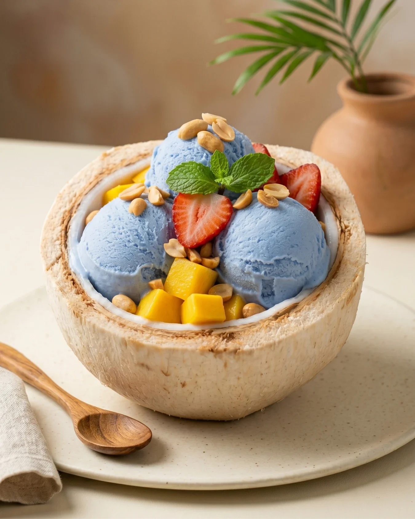 Blue Coconut Bliss dessert featuring butterfly pea coconut ice cream served in a coconut shell with mango, strawberries, and peanuts at Chada Thai Coquitlam.