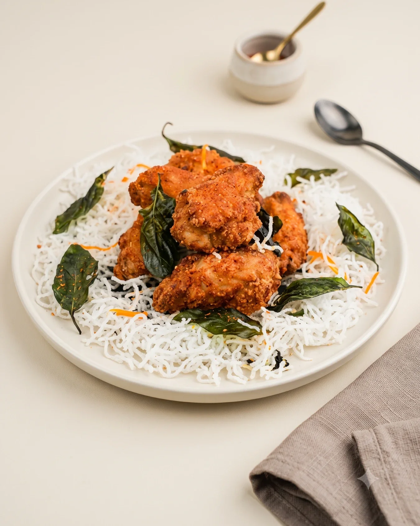 Wing Zap crispy fried Thai chicken wings seasoned with spicy herbs and fried basil on a bed of crispy noodles at Chada Thai Coquitlam.