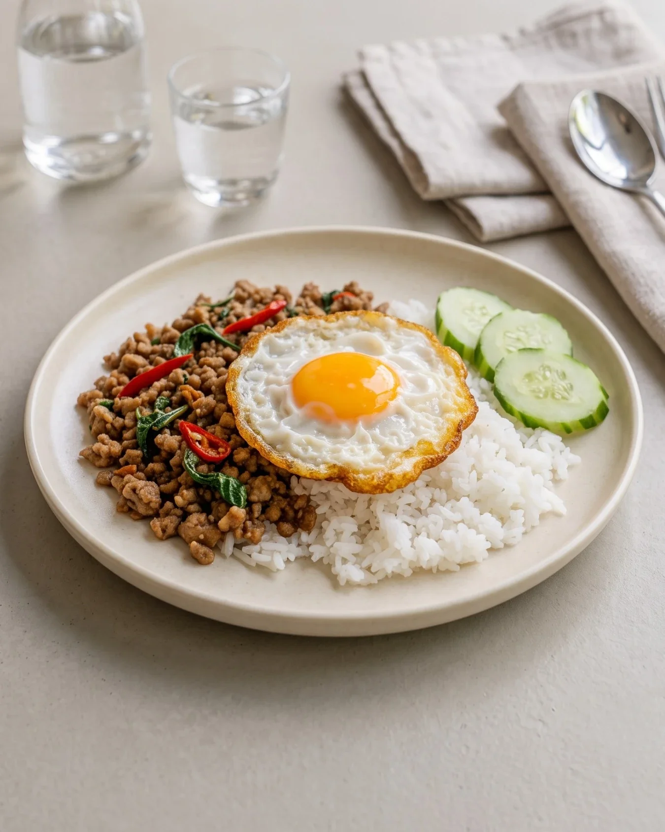 Authentic Thai Pad Kra Prao minced beef stir-fry with jasmine rice, a crispy fried egg, and cucumber at Chada Thai Coquitlam.