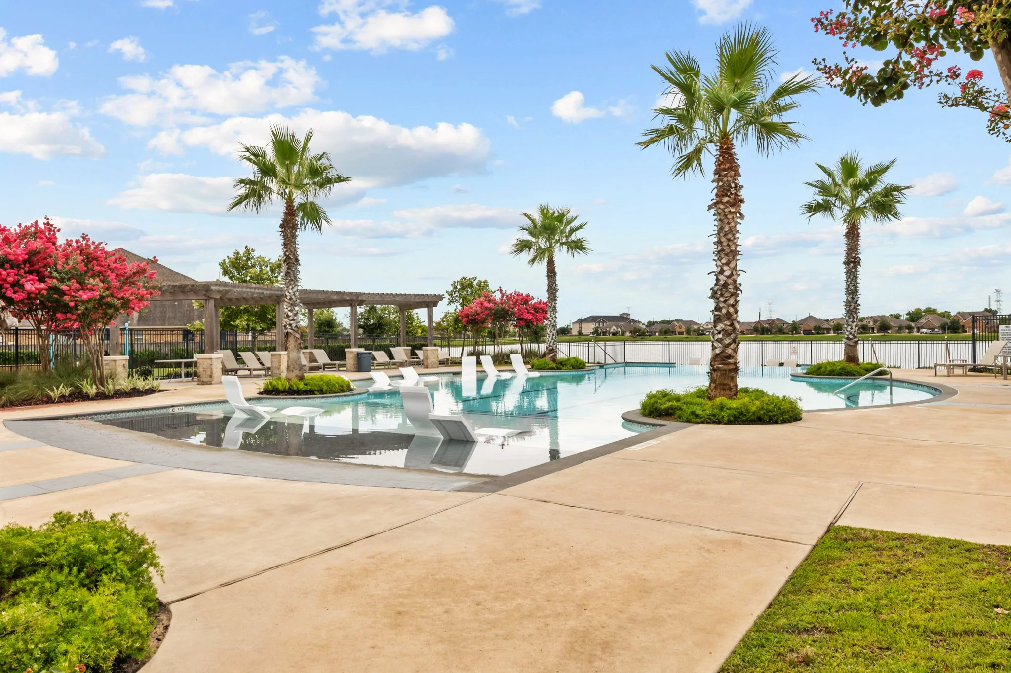 A swimming pool area with palm trees, benches, pink flowering trees, and a clear blue sky with scattered clouds.