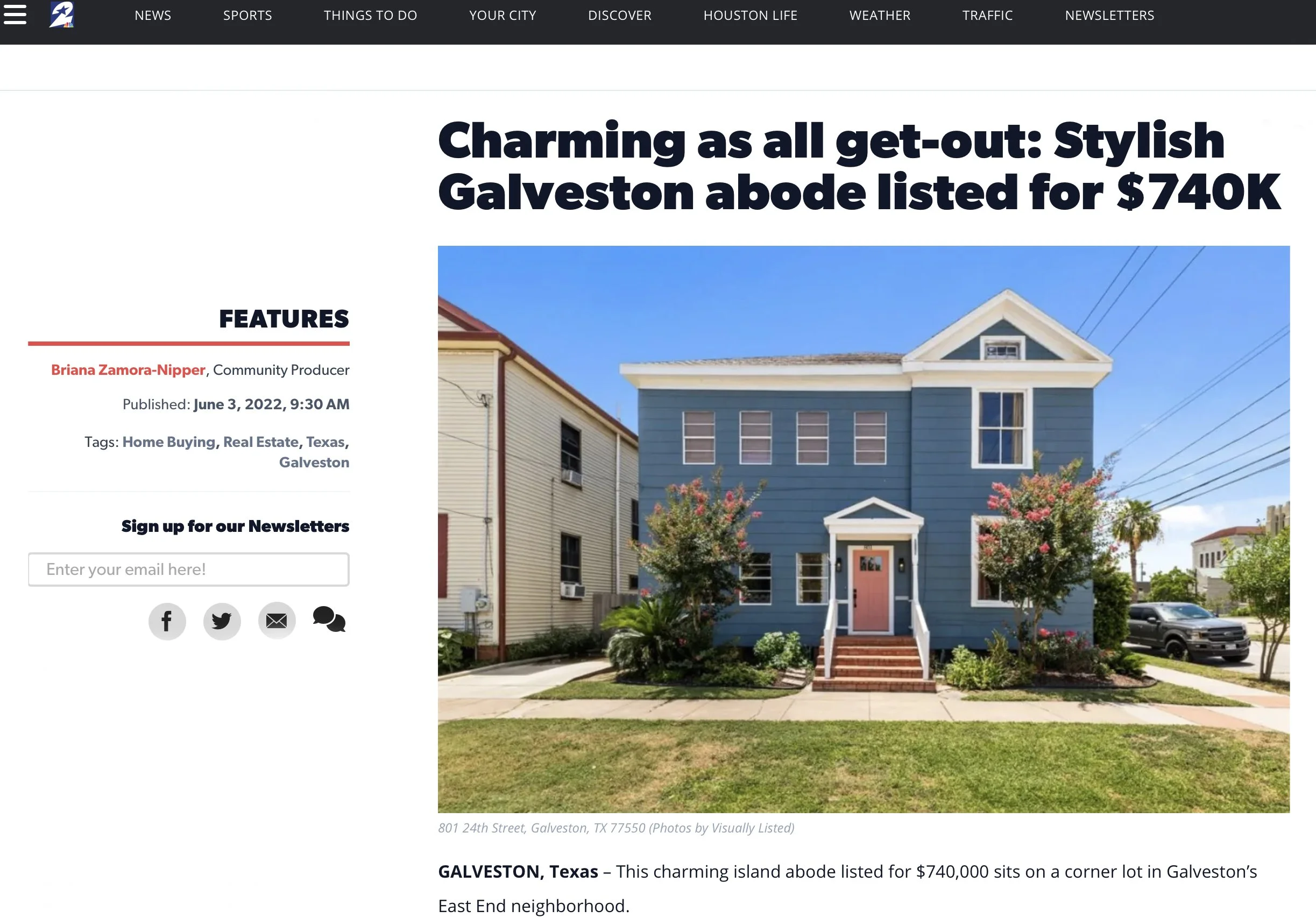 Photo of a charming blue house with white trim and a pink door, located on a corner lot in Galveston, Texas, with well-maintained landscaping, trees, and a sidewalk in front.