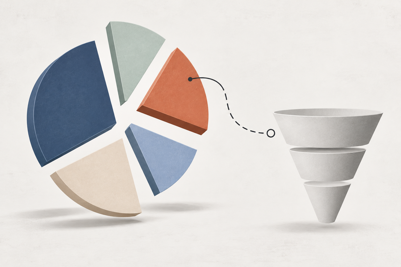 Line illustration of a marketing budget pie chart with disconnected slices floating away from a sales pipeline funnel.