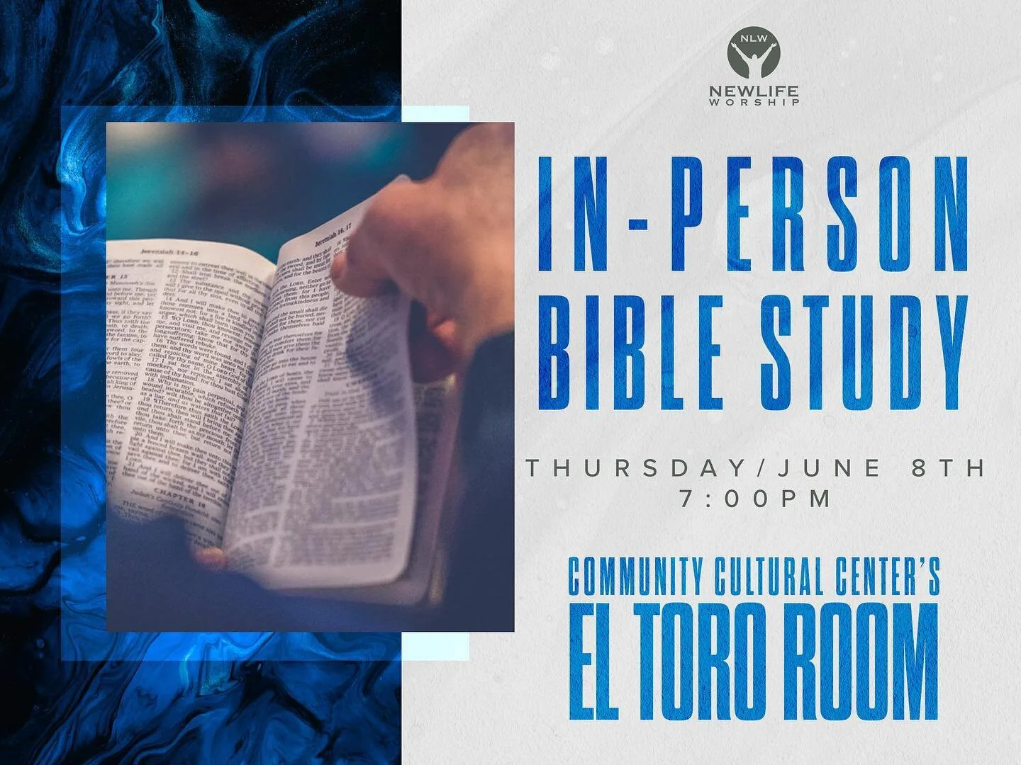 Hey @nlworshipapostolic, we are excited to back with our weekly in-person Bible Studies starting tonight! 

Join us tonight at 7:00 pm in the El Toro Room at the Community Cultural Center. See you tonight! 
&bull;
&bull;
&bull;
&bull;
#InPersonBibleS