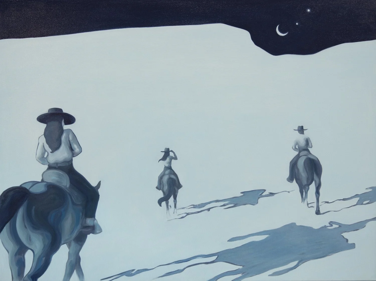 Painting of three cowgirls riding toward the mon in blue