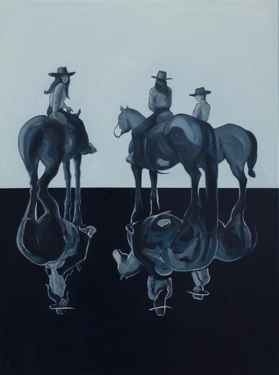 Mirrored painting of three cowgirls on horses in blue
