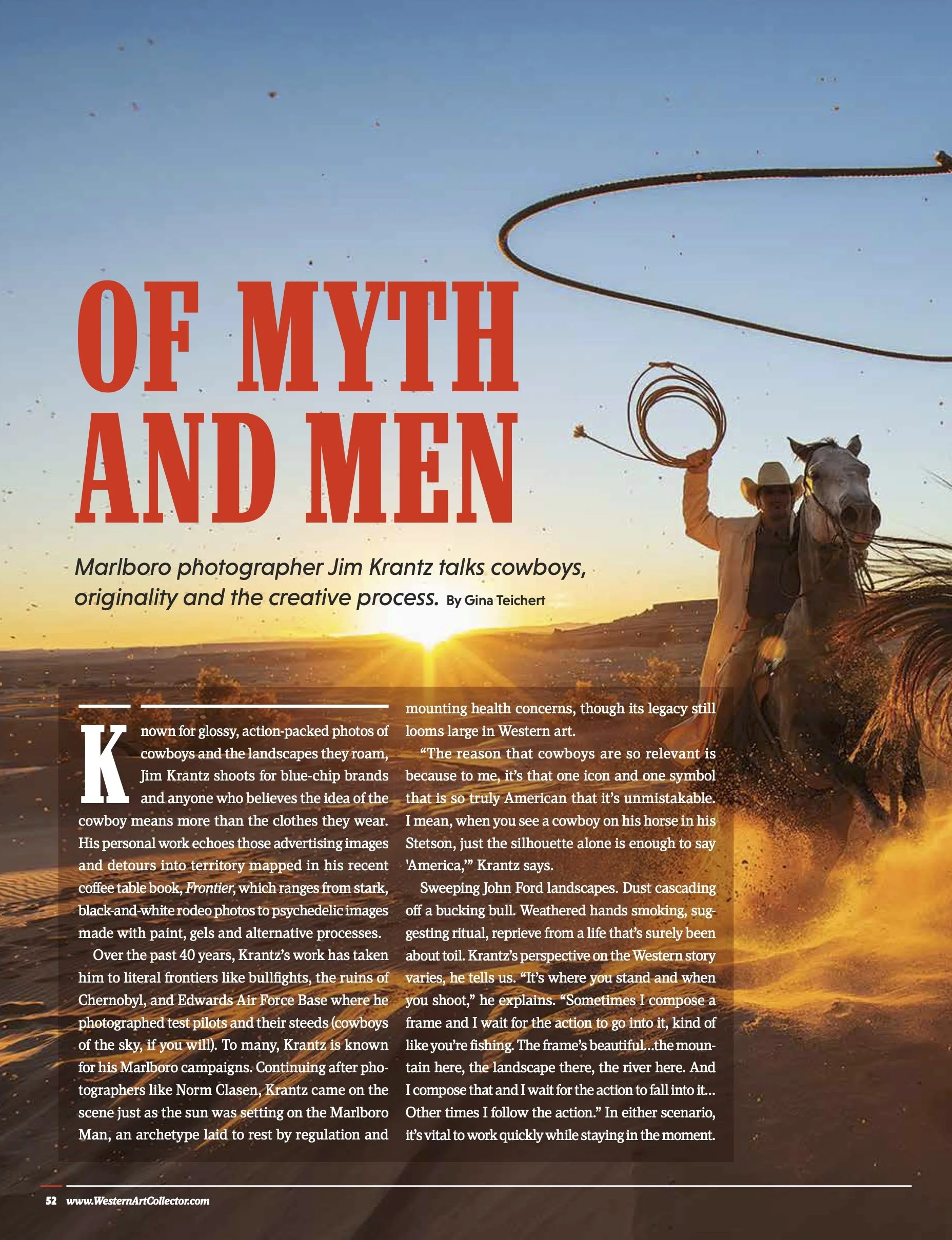 Profile of photographer Jim Krantz in Western Art Collector Magazine. Photo of cowboy and horse riding in the sand with sunset behind.
