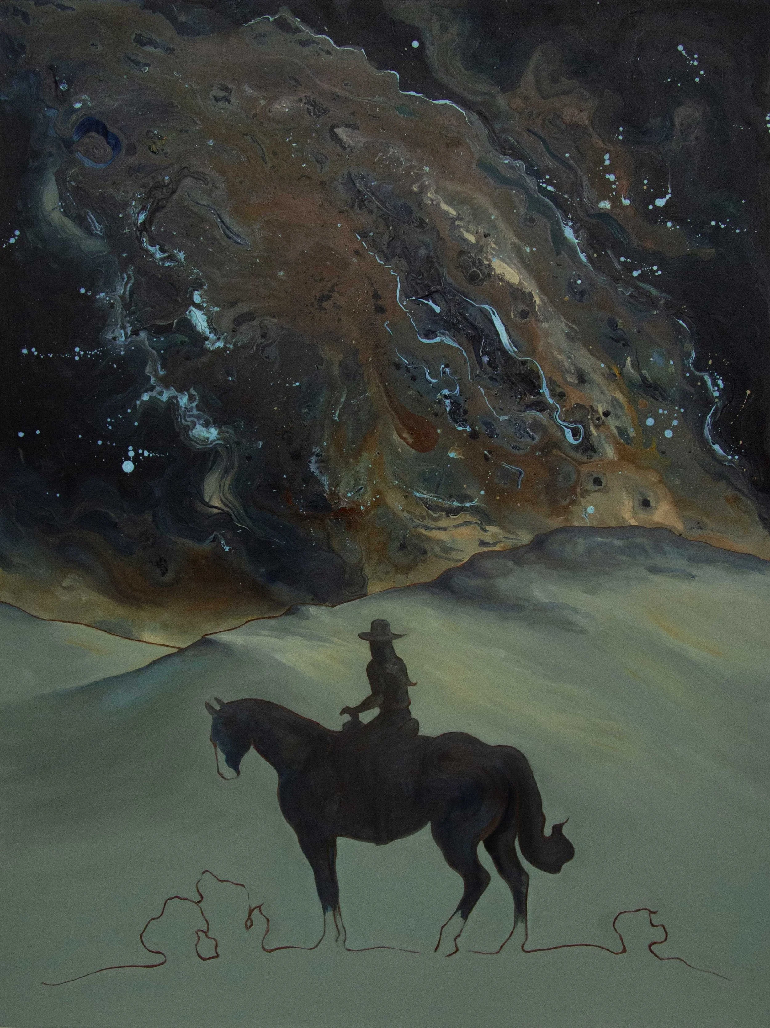 Painting of a cowgirl looking out at the universe