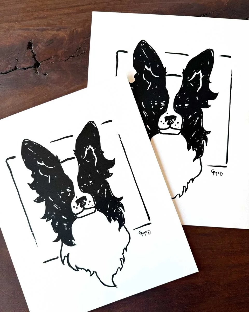 Screenprint of a black and white border collie