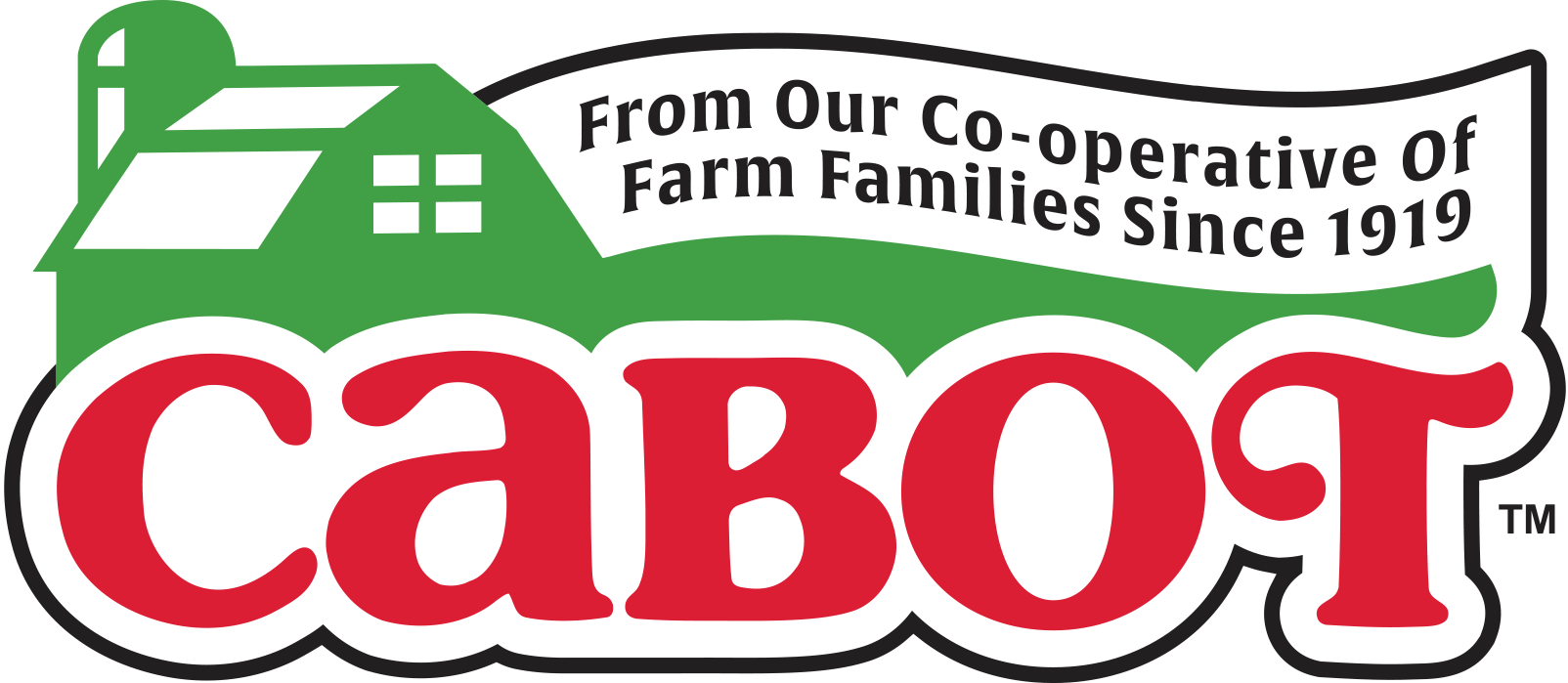 Logo for Cabot, a cooperative farm founded in 1919, featuring a green barn and red text.