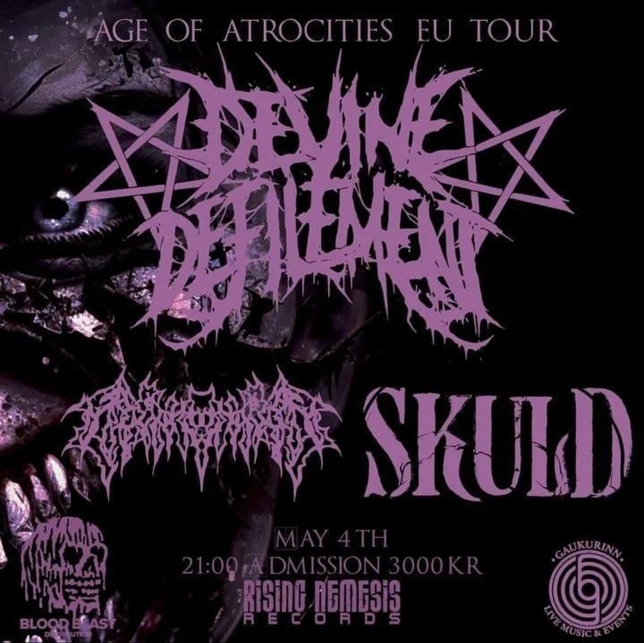 TONIGHT!
Divine Defilement starts their tour at Gaukurinn before leaving to conquer Europe alongside Vamp&iacute;ra and Skuld

Come on down and be ready to be demolished!

Happy Hour from 17 - 21
Cocktail Hour from 20 - 21