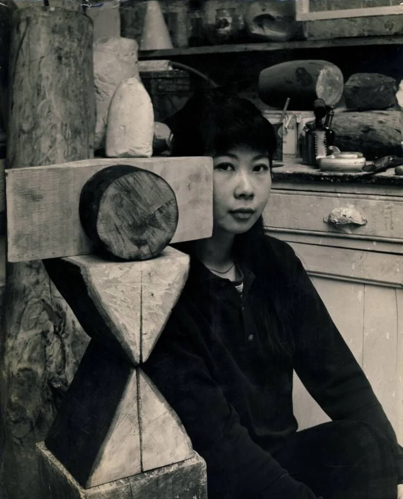 artist kim lim in the studio with sculpture chess piece by the estate of kim lim