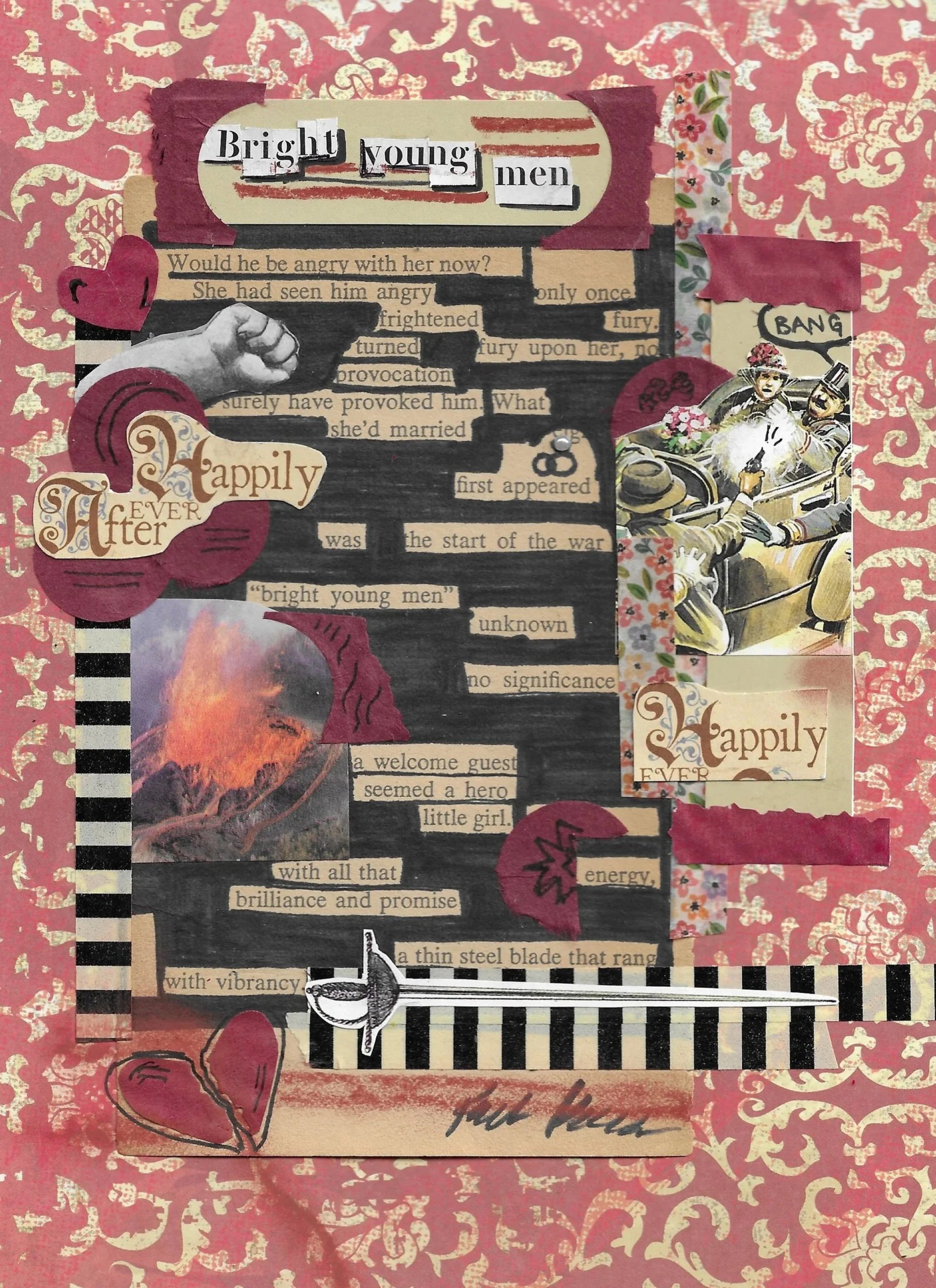 "Bright Young Men" Mixed media collage on paper, 2026.