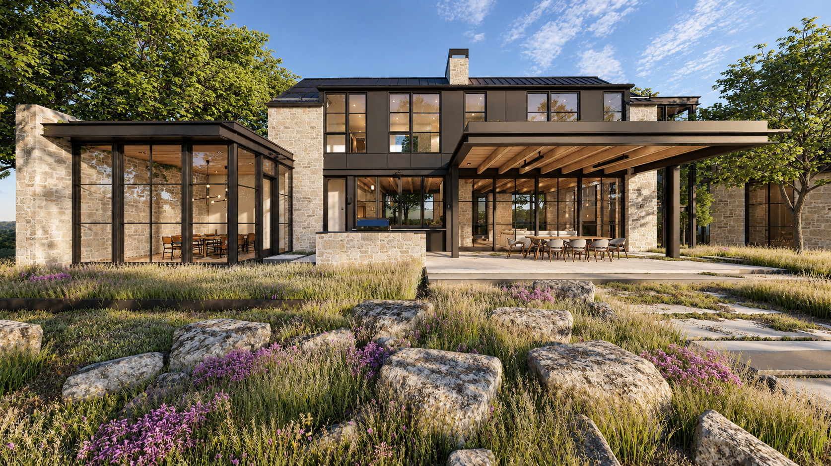 Modern Stone-and-Glass Meadow Retreat.png