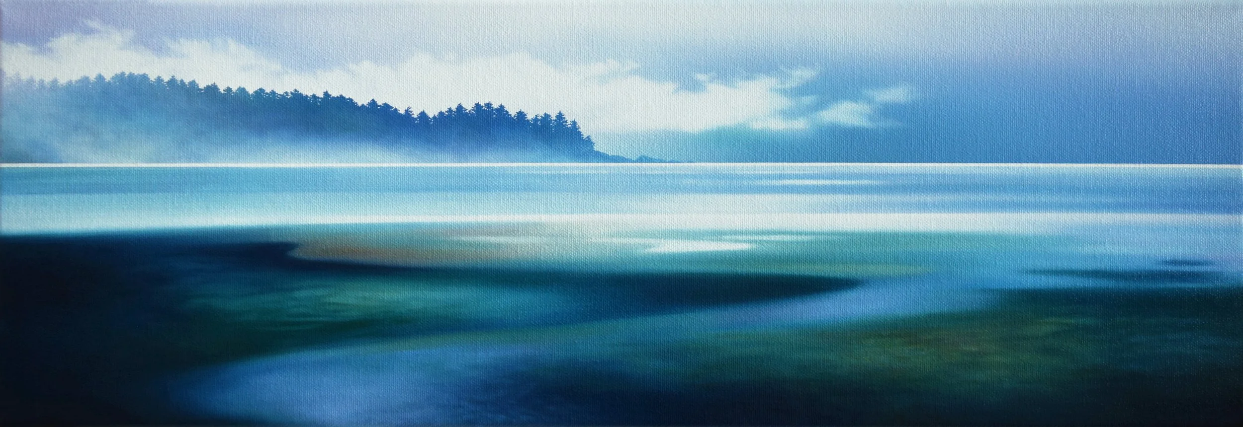 EDGE OF THE BLUE SHORE,
Oil on Canvas,
8" x 24",
For Sale at Peninsula Gallery
