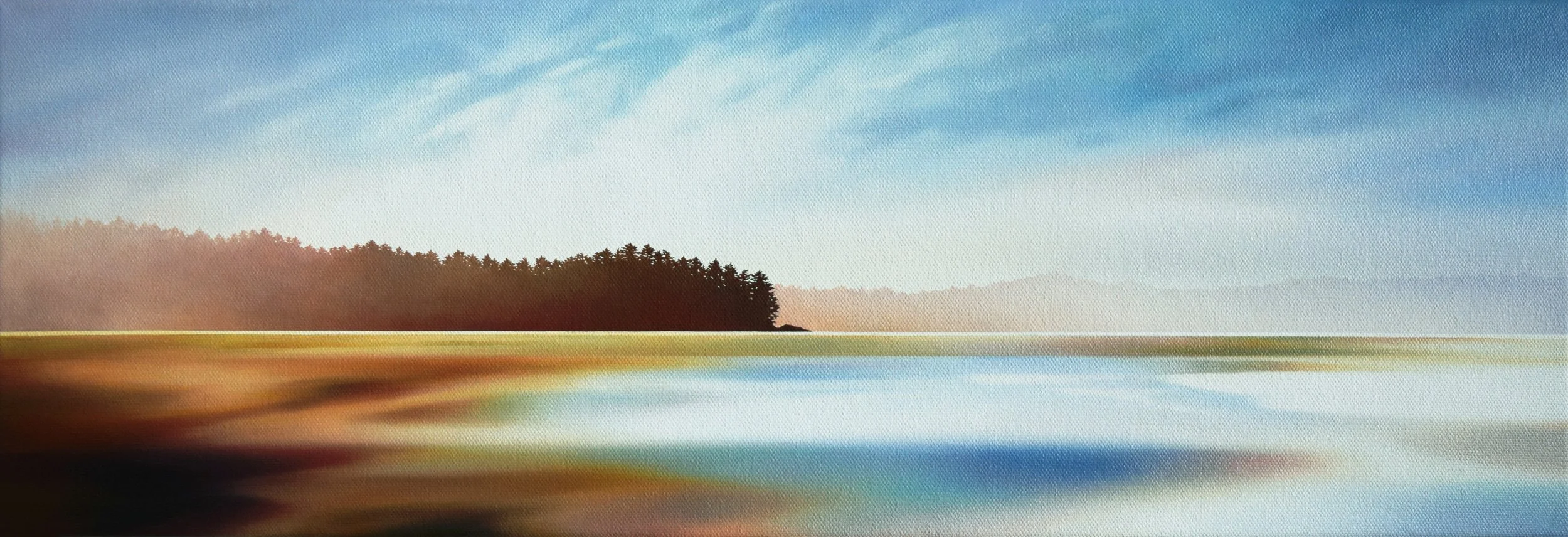 SHORELINE RADIANCE,
Oil on Canvas,
8" x 24",
For Sale at Peninsula Gallery