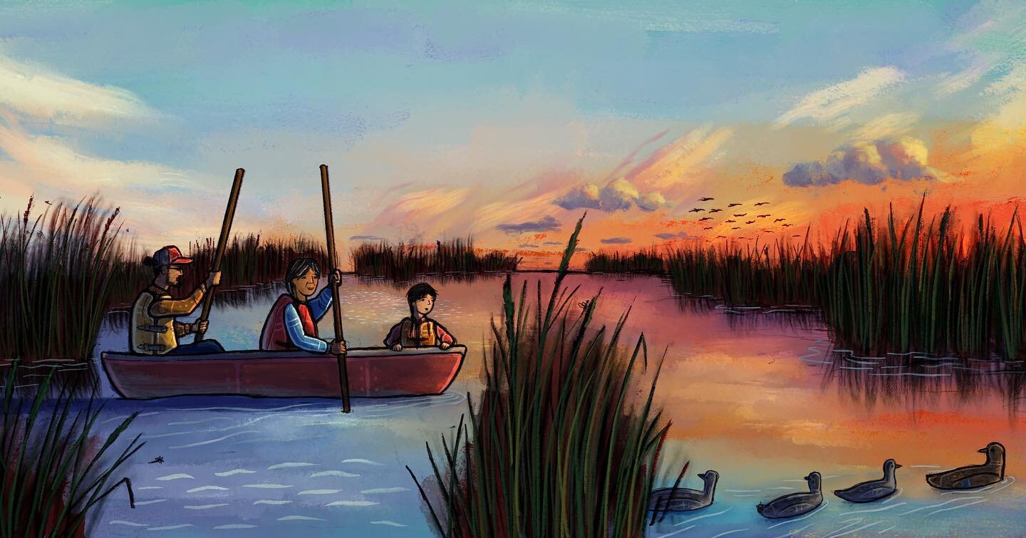 A fav spread from Mnoomin Maan&rsquo;gowing. 🌅 (grab a copy today! 😄)
.
.
.
.
.
.
.
#childrensbook #illustration #childrensbookillustration #groundwoodbooks #mnoomin #anishinaabeart #anishinabemowin #indigenous #indigenousart
