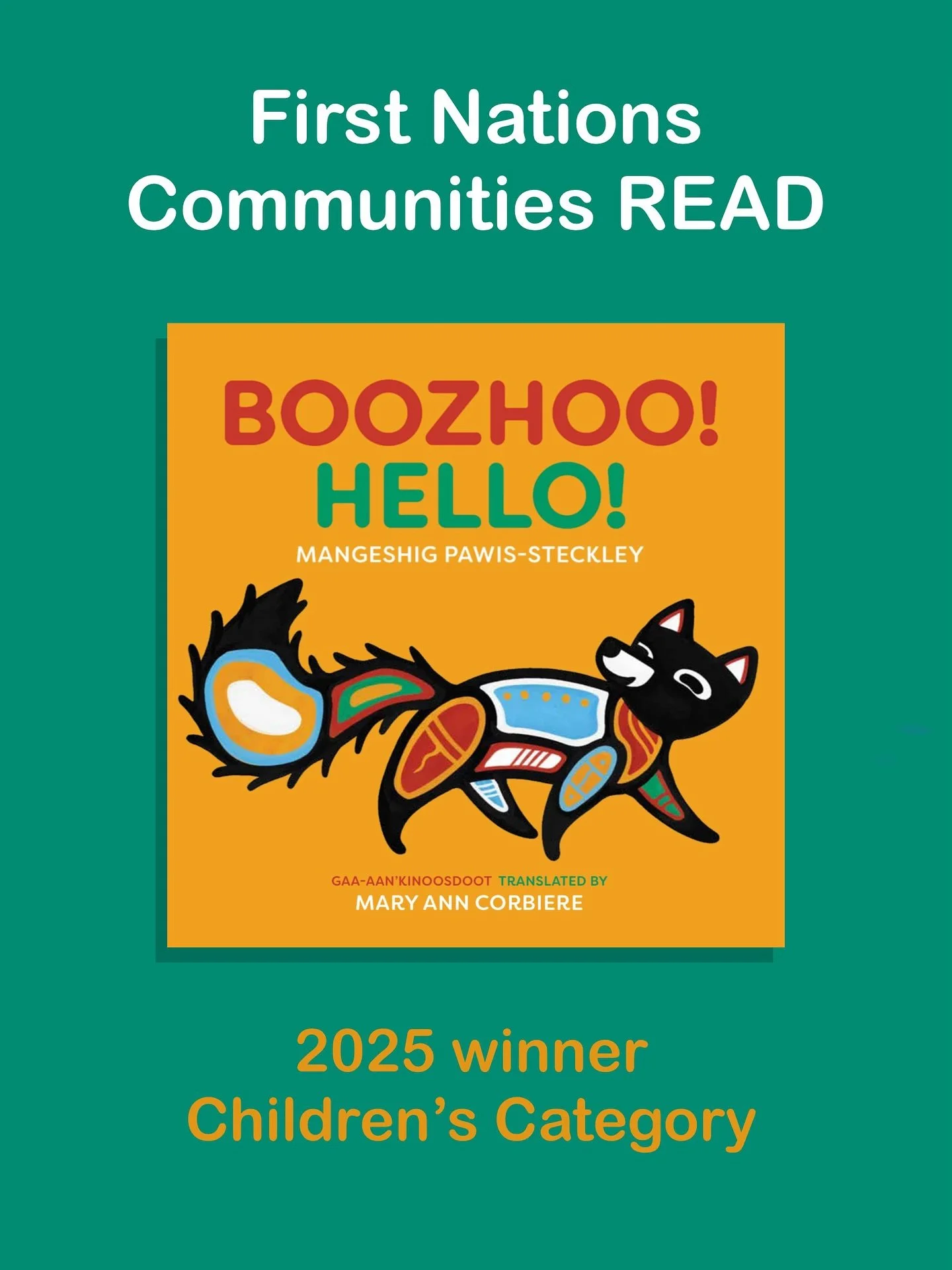 BOOZHOO!/HELLO! was selected as the 2025 winner for the First Nations Community READ PMC indigenous literature award, children&rsquo;s category! 

Thanks to all for supporting, reading, sharing this book! It&rsquo;s a huge honour to be selected! 

Sp