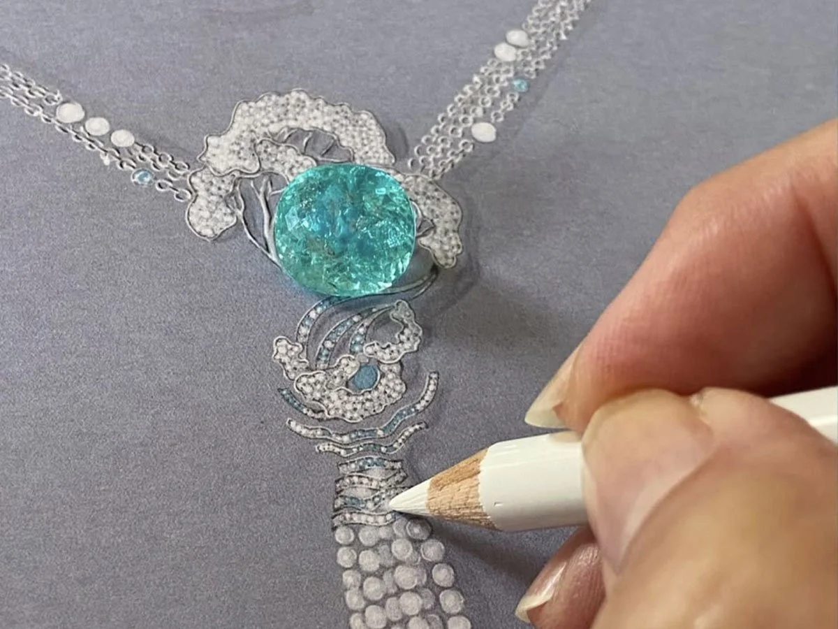Investment level paraiba gemstone on a gouache painting