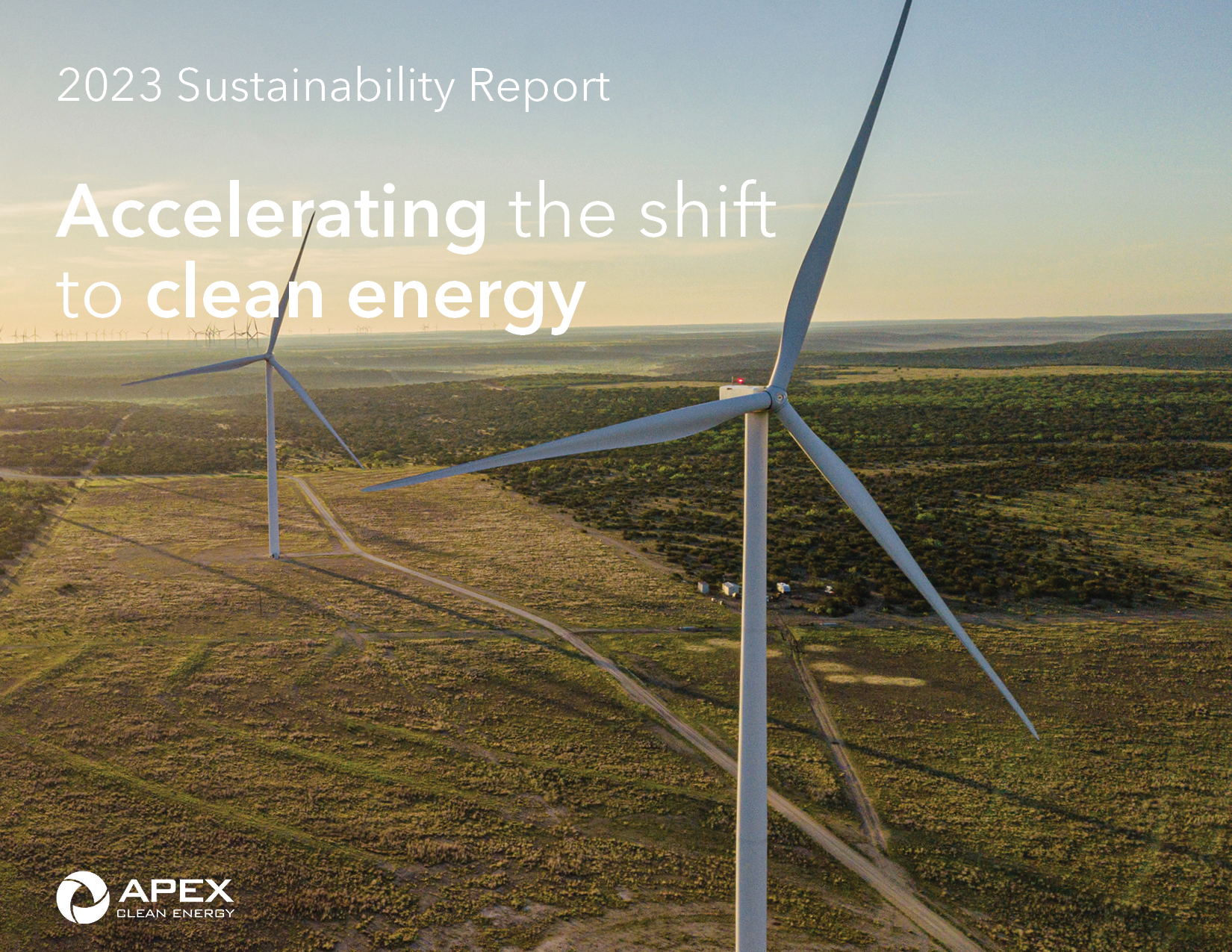 Aerial view of wind turbines on a flat landscape with the sunset in background, as part of a 2023 sustainability report titled 'Accelerating the shift to clean energy' by Apex Clean Energy.