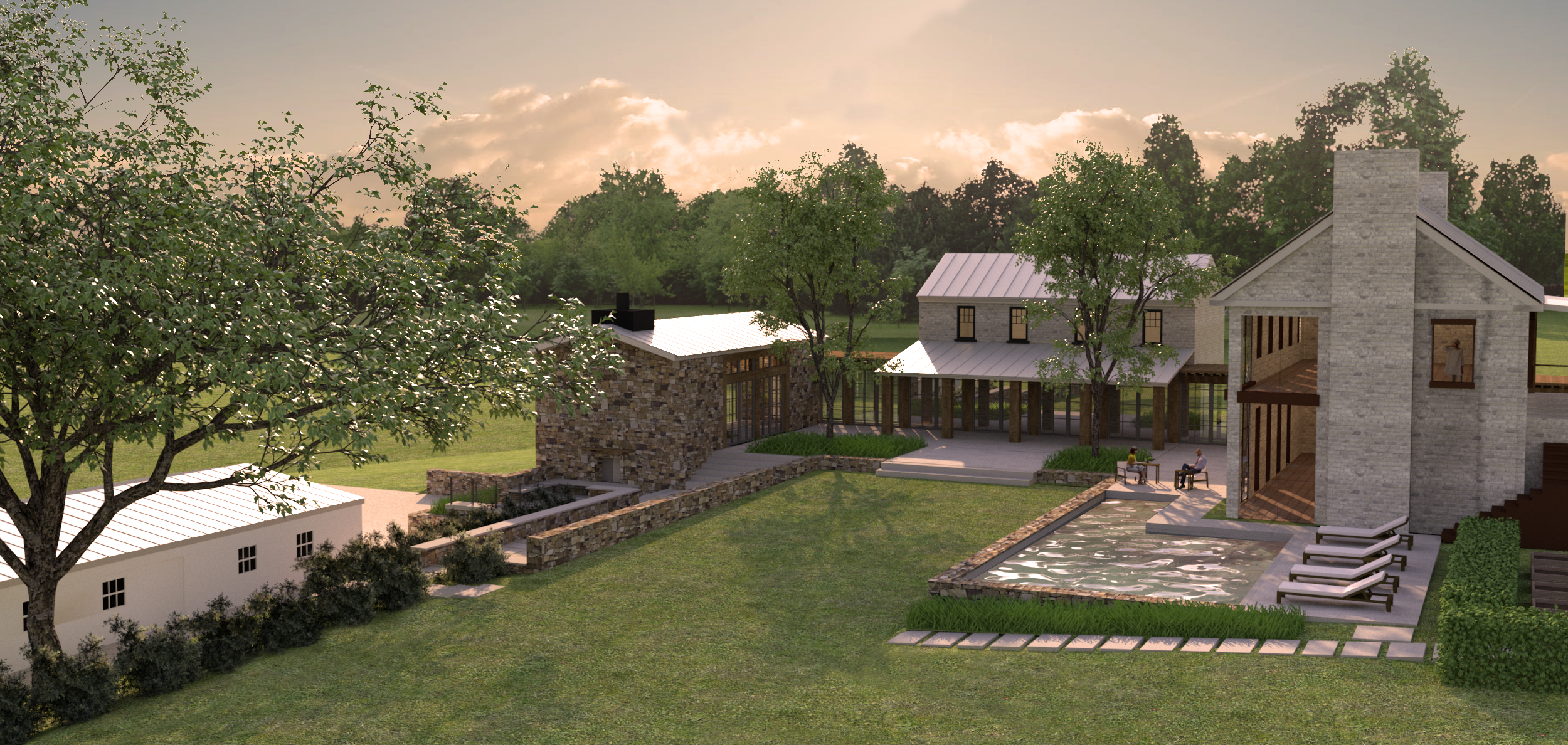 A modern house with multiple stone and brick sections, surrounded by greenery and trees. There is a small pool with lounge chairs, a patio area with people sitting, and a well-maintained lawn.