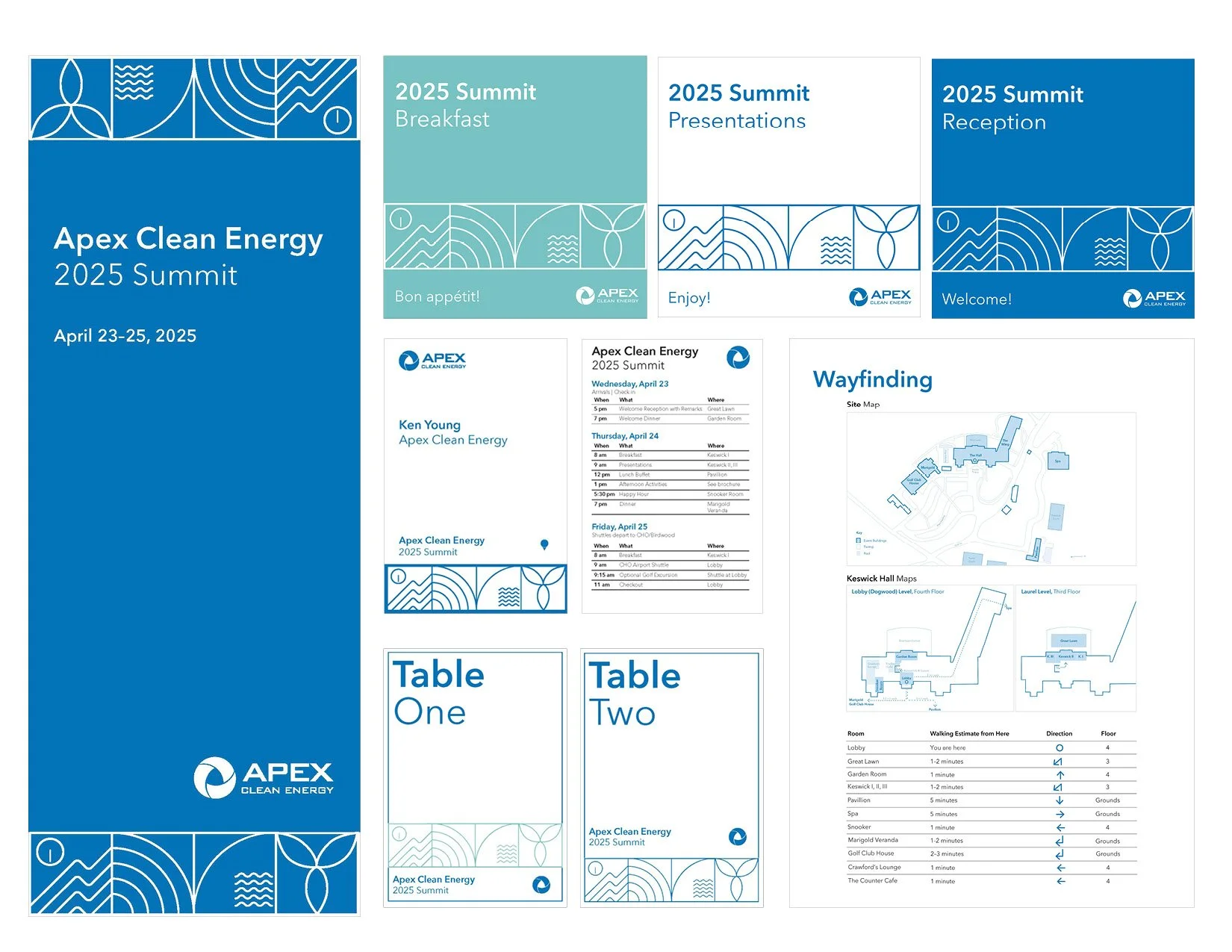 Event schedule for the 2025 Apex Clean Energy Summit held from April 23 to April 25, 2025, including breakfast, presentations, reception, and a site map for wayfinding.