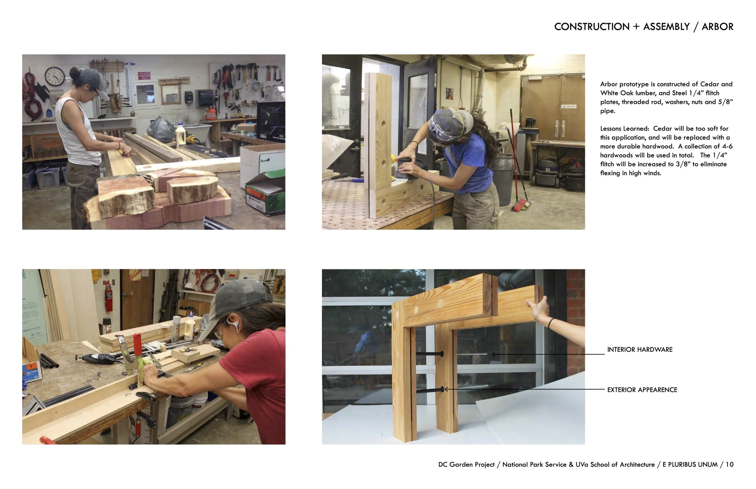 Photos of students building an arbor prototype in a workshop, including woodworking and assembly steps, with a diagram showing hardware and appearance details.