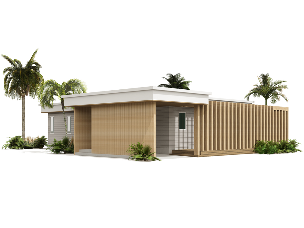 Modern single-story house with wooden paneling, large windows, and surrounding palm trees.