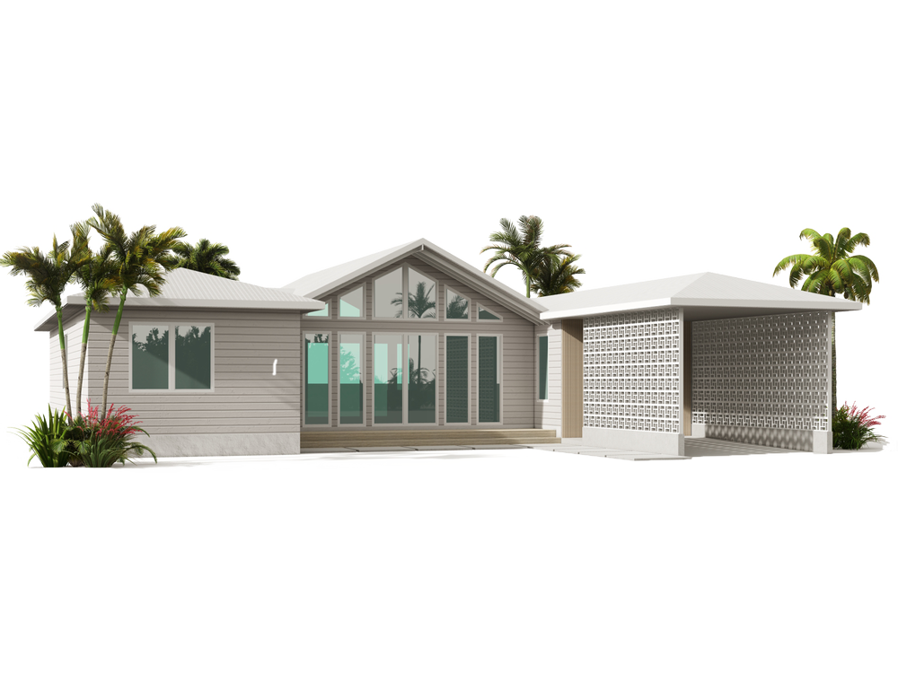 Contemporary house exterior with a carport and tropical landscaping.