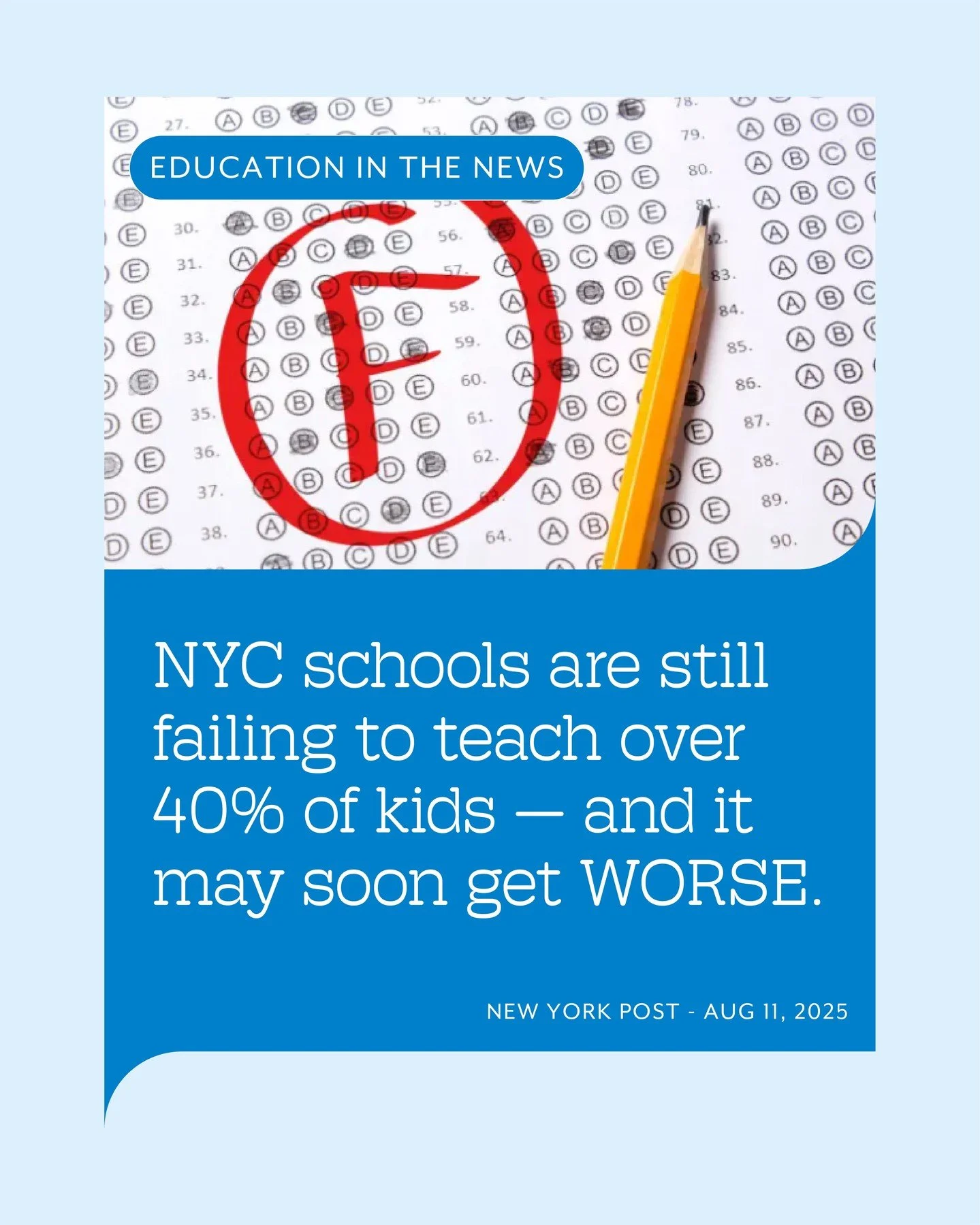 This is completely unacceptable! Every American family should be outraged that over 40% of New York students cannot read on grade level. According to the latest Nation's Report Card, New York ranks #18, meaning there are many states with lower scores