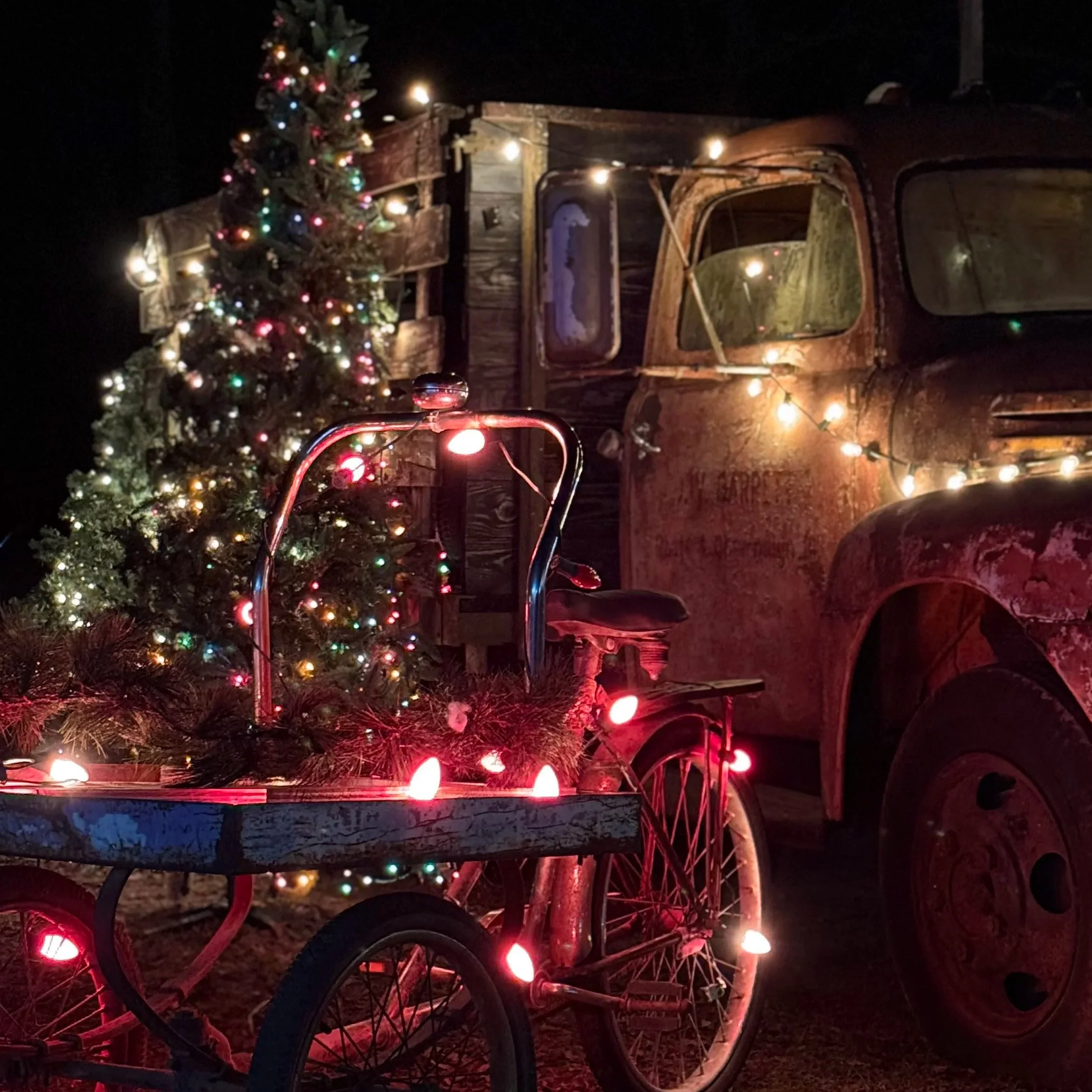 Lighted bikes and vintage truck