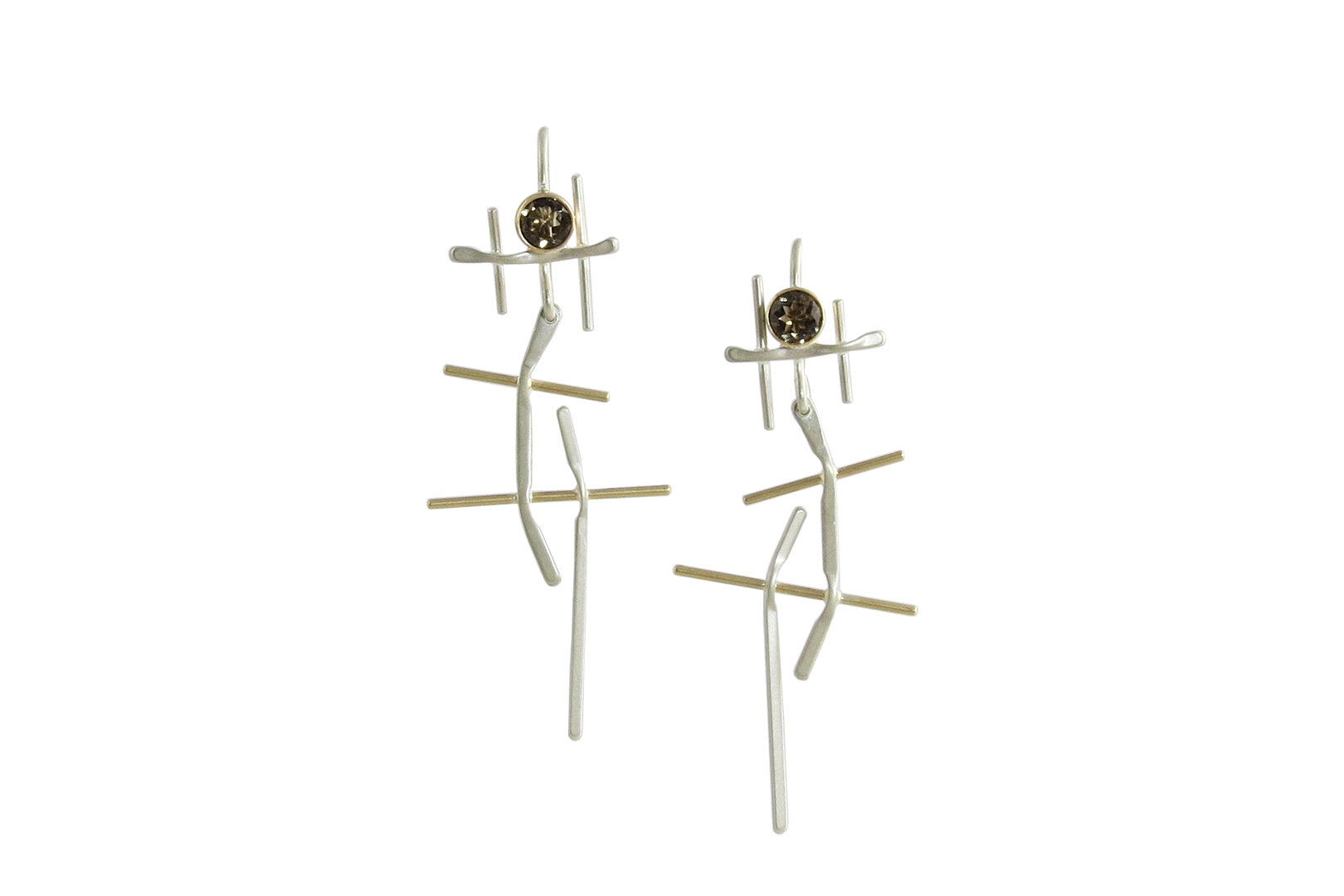 Fences Earrings, silver, 14k gold, smoky quartz.