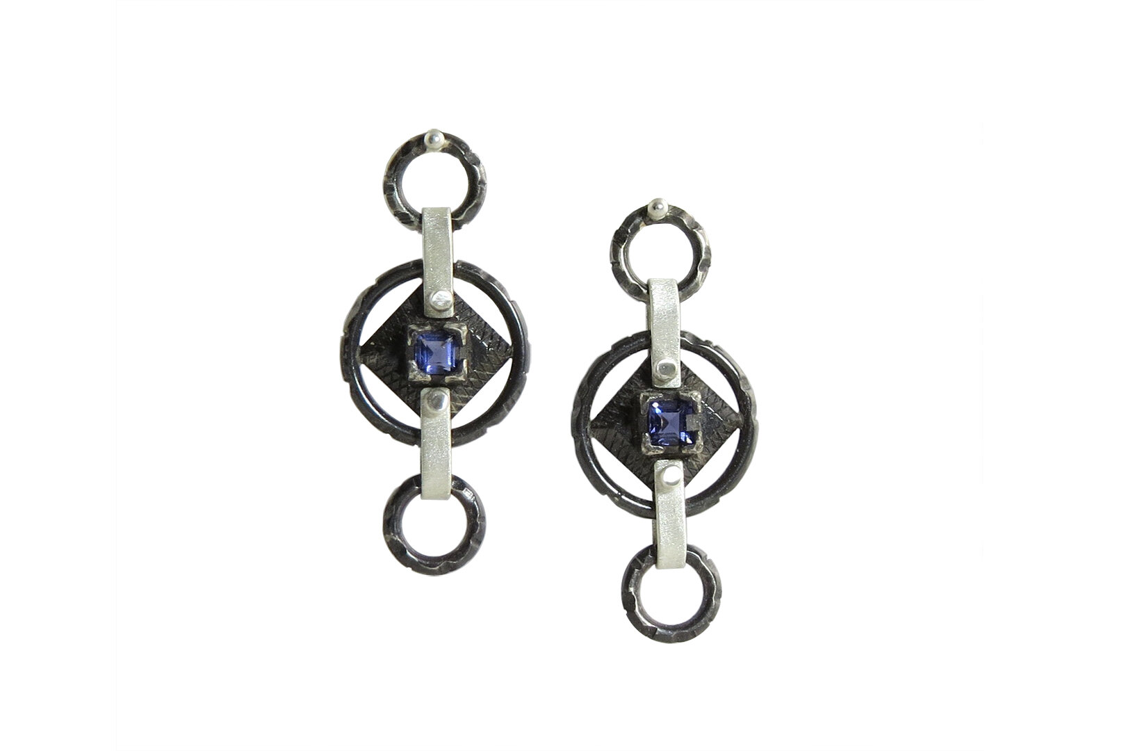 Industry Earrings, oxidized sterling silver, fine silver, iolite.
