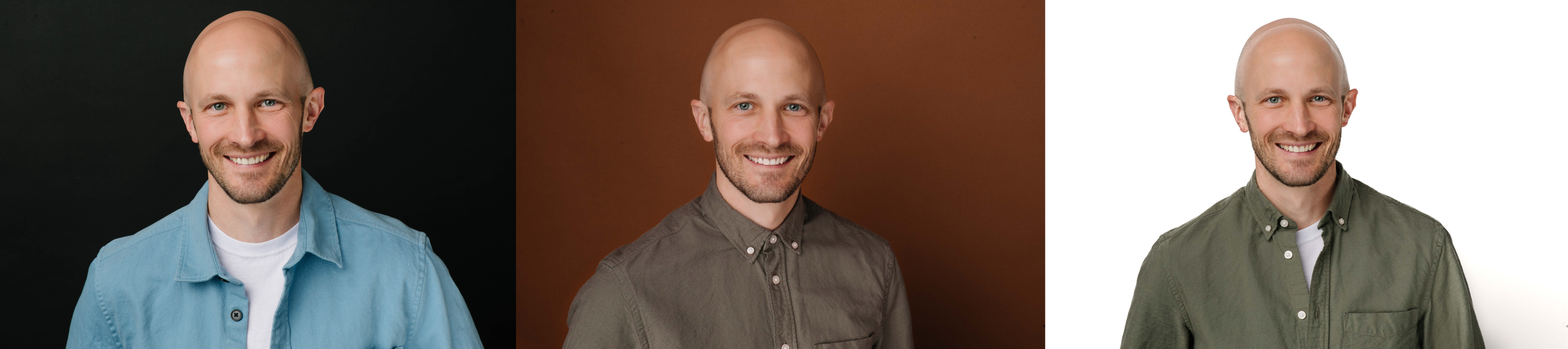 Three side-by-side portraits of a smiling bald man wearing different colored shirts against various backgrounds: black, brown, and white.