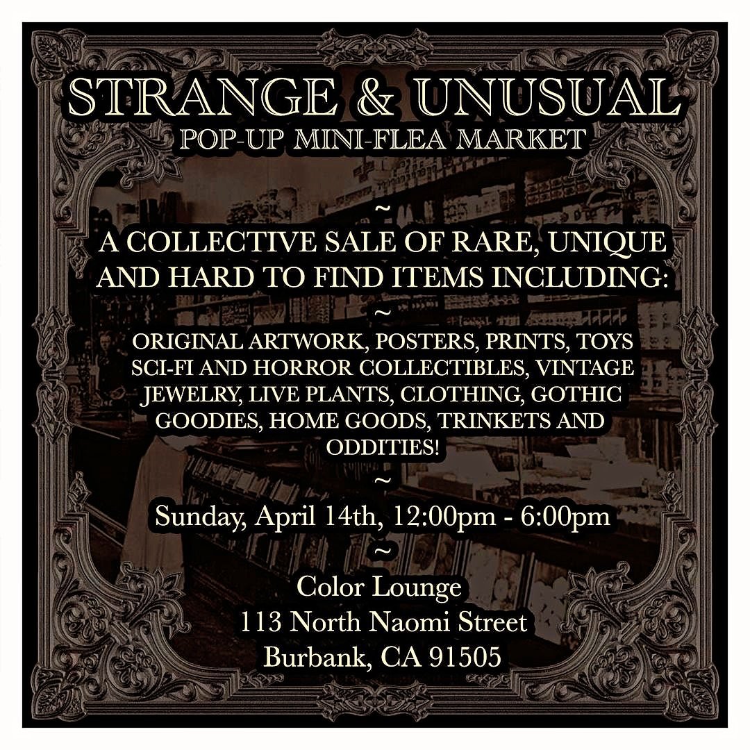 A collective sale of rare, unique and hard-to-find treasures, including:

Original artwork, posters, jewelry, clothing, sci-fi/horror, various collectibles, vintage, taxidermy, books, live plants, goth goodies, housewares, trinkets and oddities!

Our