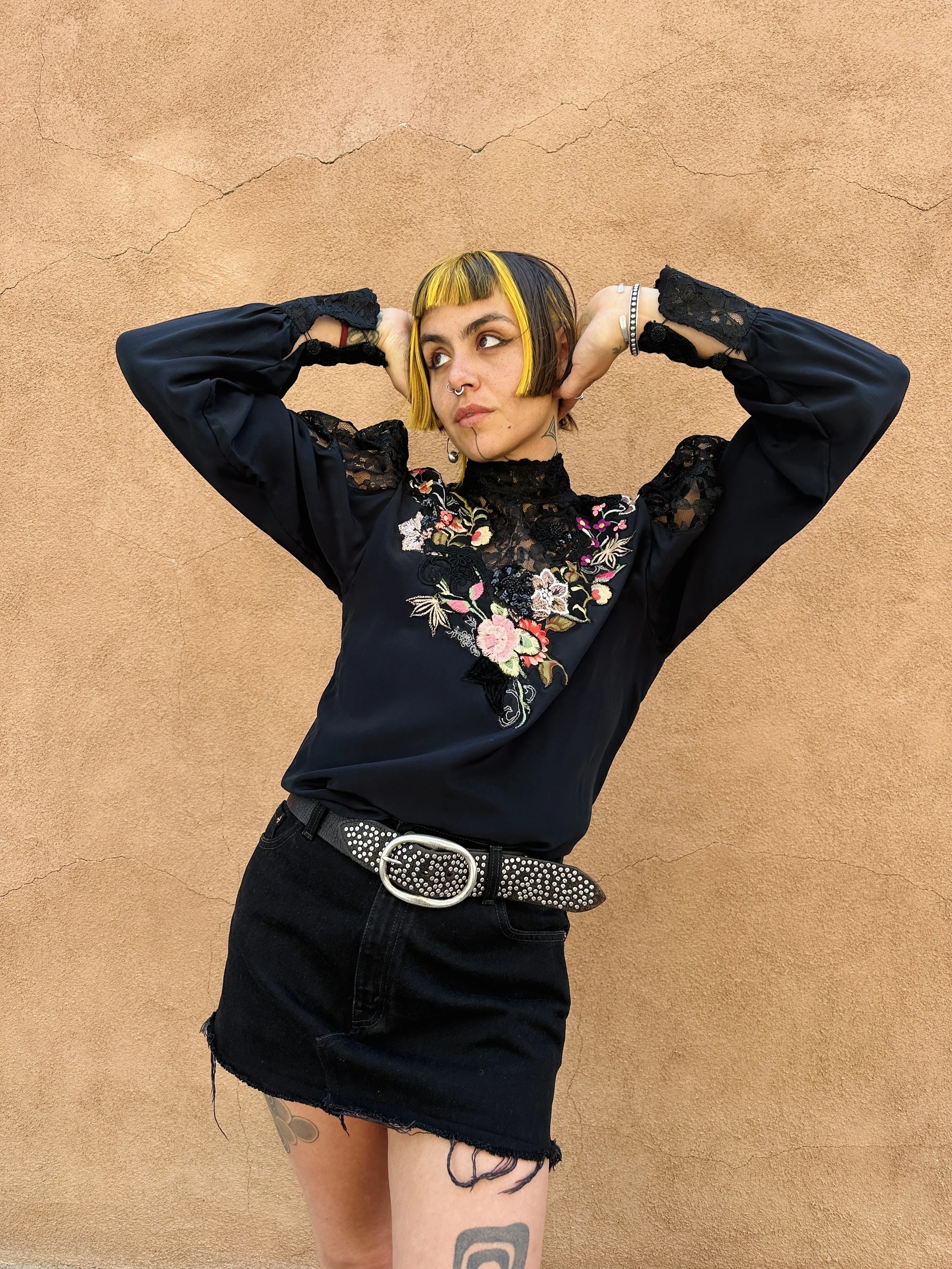 1980s Victorian-style Black Floral Fancy Lace Blouse