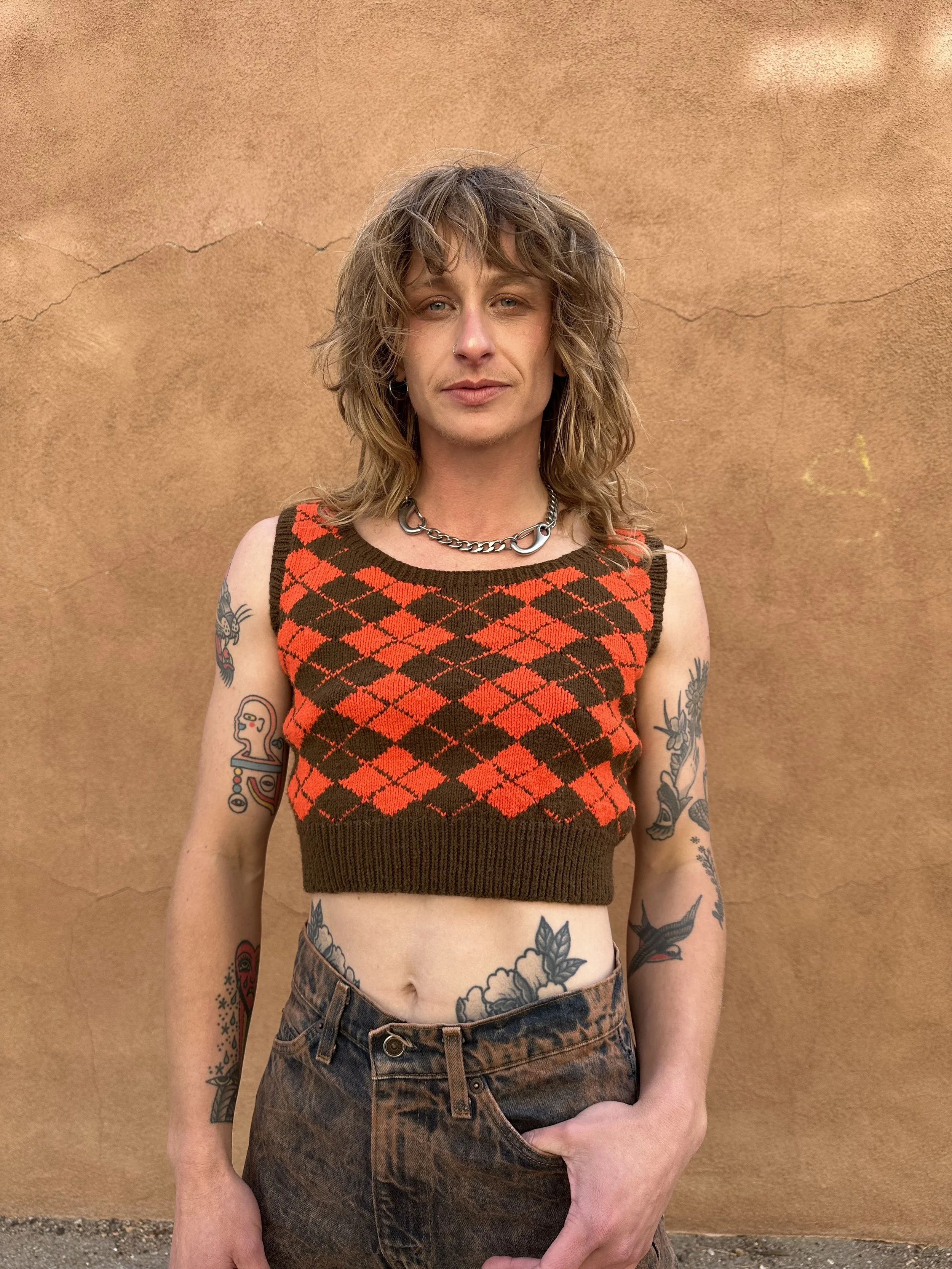 Orange and Brown Cropped Knit Argyle Vest