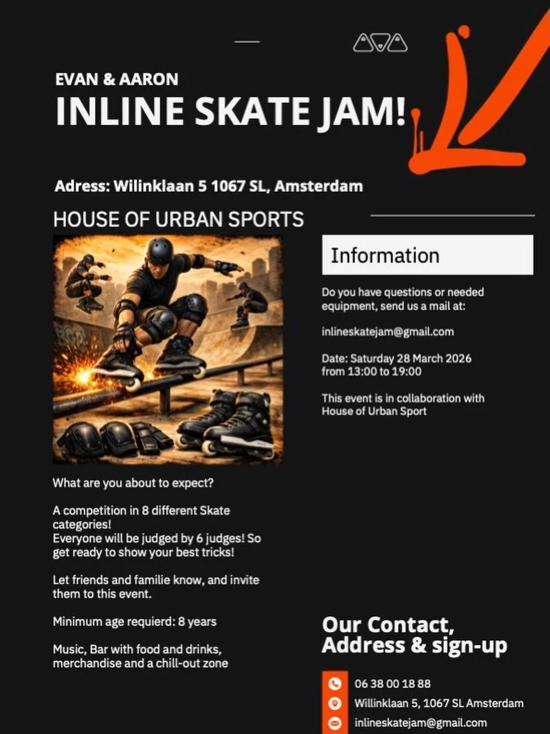 Last minute surprise &ldquo;Inline Skate JAM&rdquo;!!!

Studenten Aaron en Evan van de ROC Urban Sports Trainer opleiding organiseren een inline skate jam.

Op zaterdag 28 maart gaan we van 13:00 tot 19:00 los in House of Urban Sports.

Ben jij m