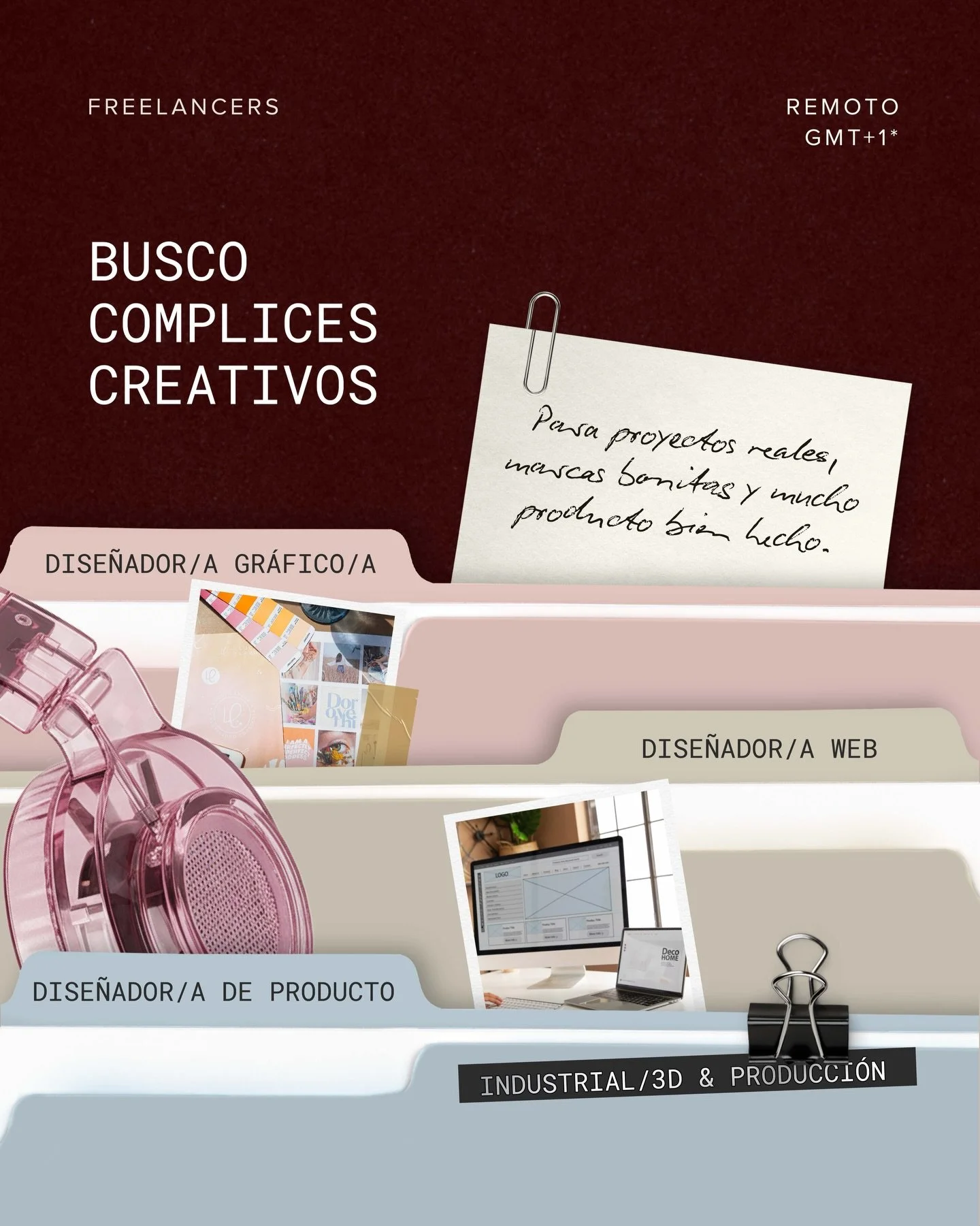 Estoy ampliando mi red de freelancers para colaborar en proyectos de branding y desarrollo de producto que ya est&aacute;n en marcha.

Busco gente con criterio, ojo para el detalle y &mdash;muy importante&mdash; responsabilidad 🙌🏼

Perfiles:
&rarr;