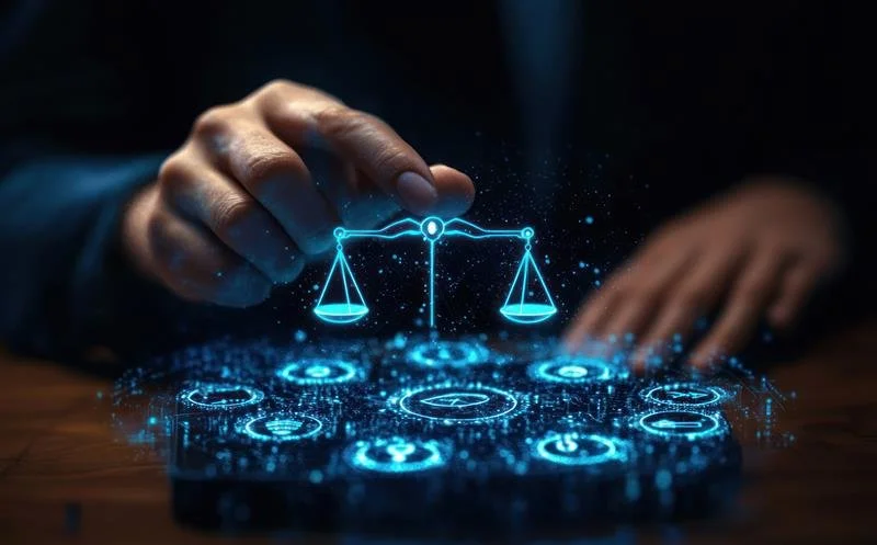 Person holding scales over an image that shows different icons for consumer duty