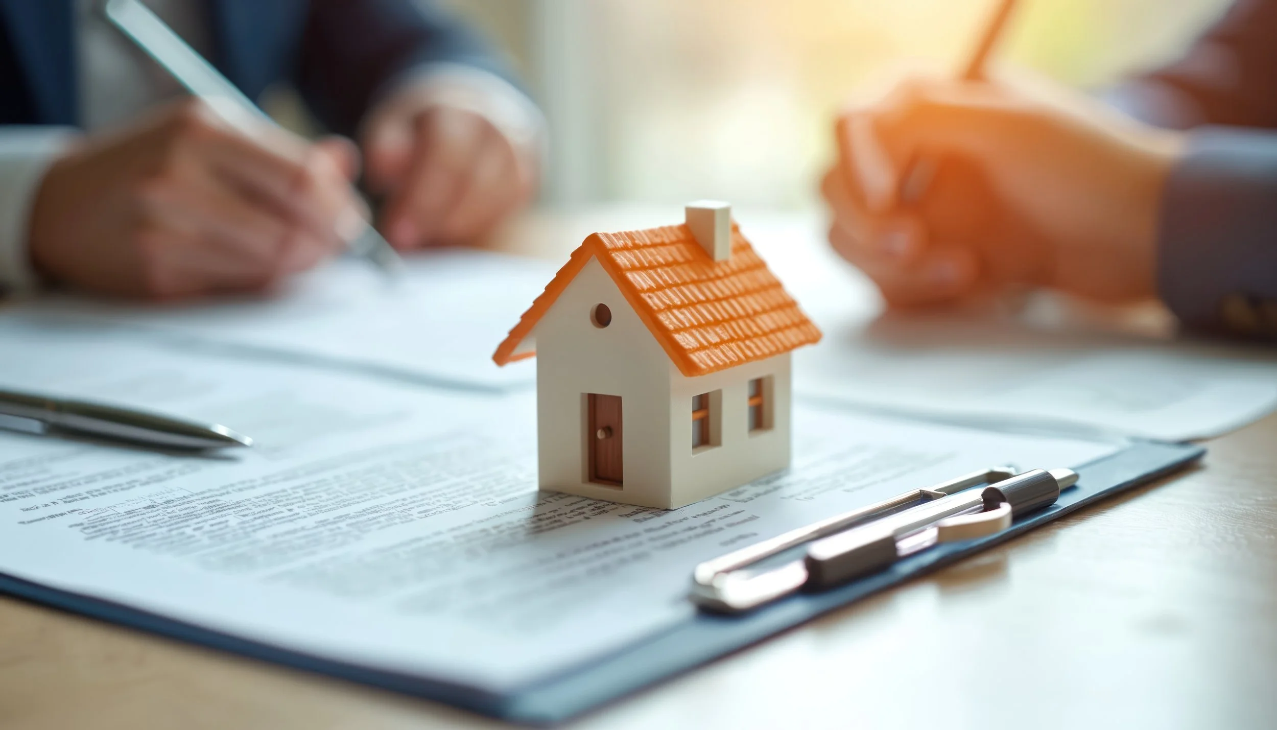 A small model house sits on top of mortgage paperwork.