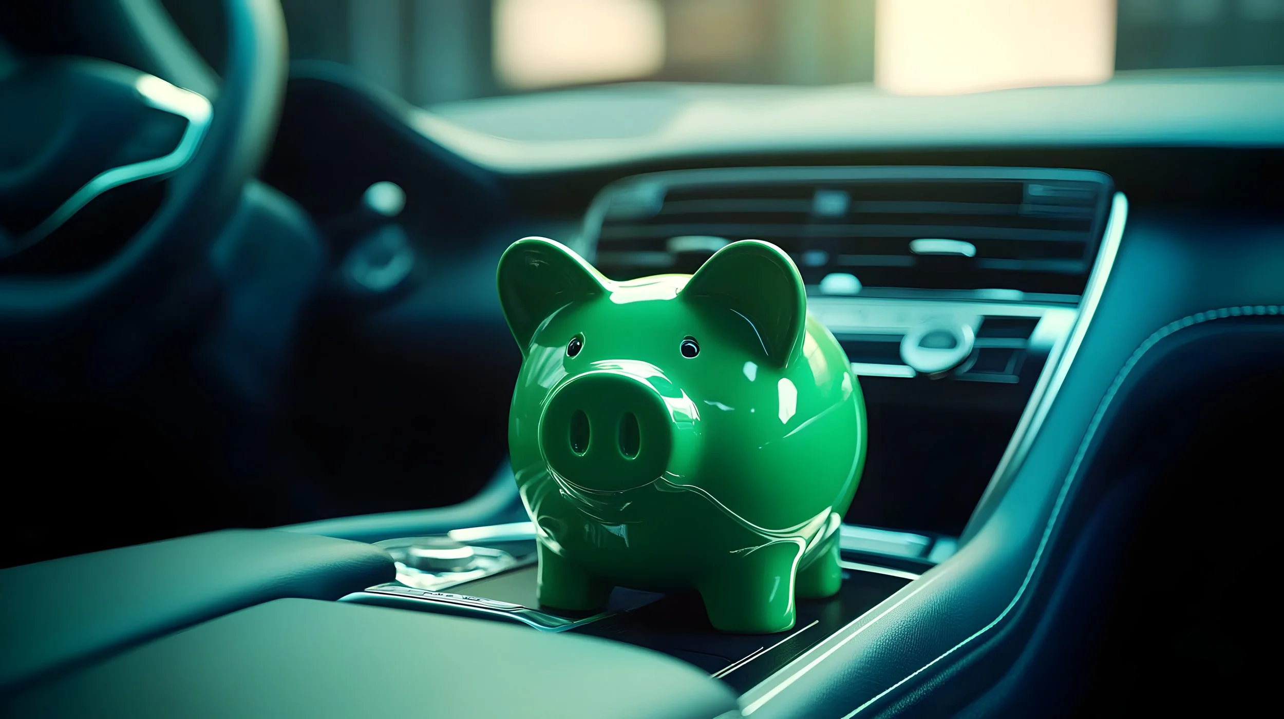 Green piggy bank on car centre console signifying motor finance